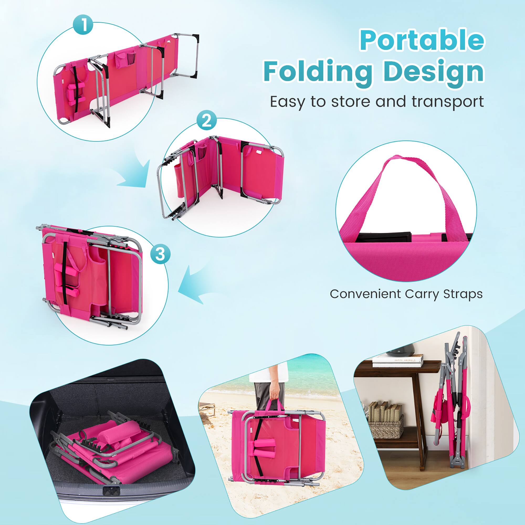 1. Portable Folding Design  
   Easy to store and transport  

2. Convenient Carry Straps