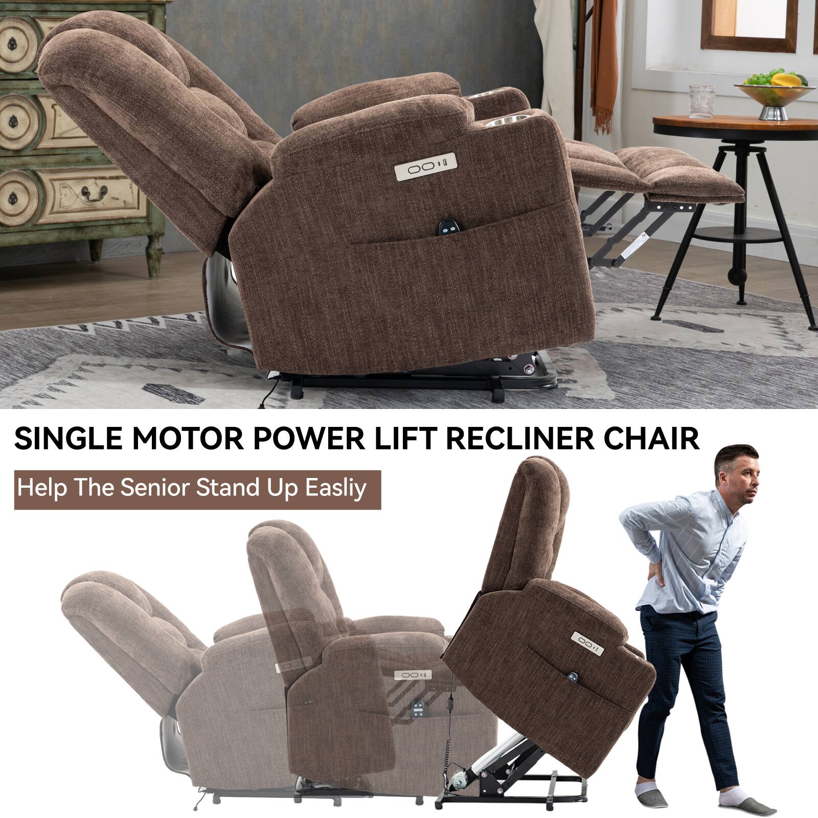 SINGLE MOTOR POWER LIFT RECLINER CHAIR  
Help The Senior Stand Up Easily