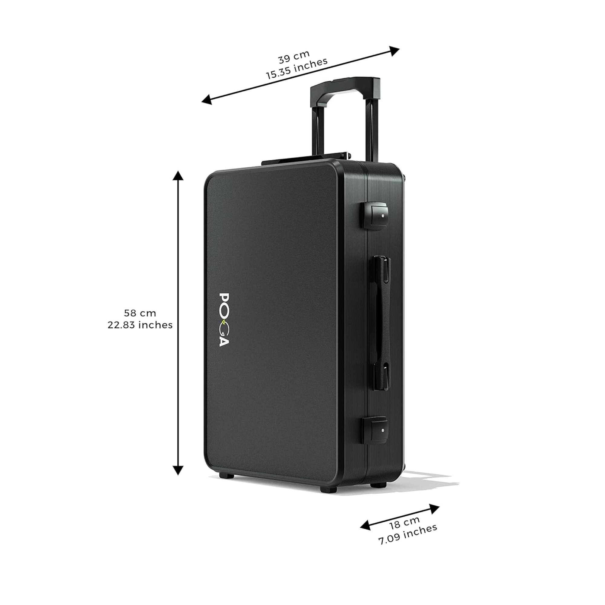 The text on the image indicates that the black suitcase is 39 cm (15.35 inches) in height and 58 cm (22.83 inches) in width. The suitcase is made by POGA, and it measures 18 cm (7.09 inches) in depth.