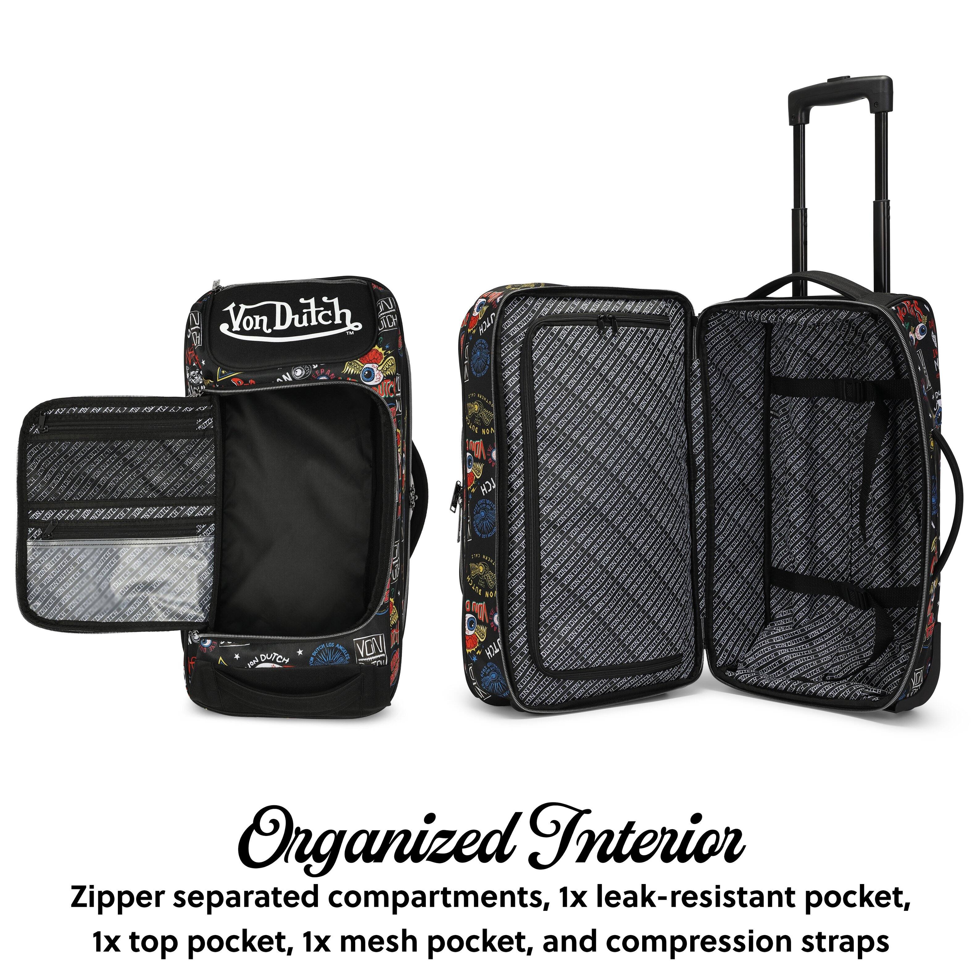 N Von Dulch. JD KA NIA AA R LCH - DMTCH VON A 0 HALF TE

Organized Interior
Zipper separated compartments, 1x leak-resistant pocket, 1x top pocket, 1x mesh pocket, and compression straps