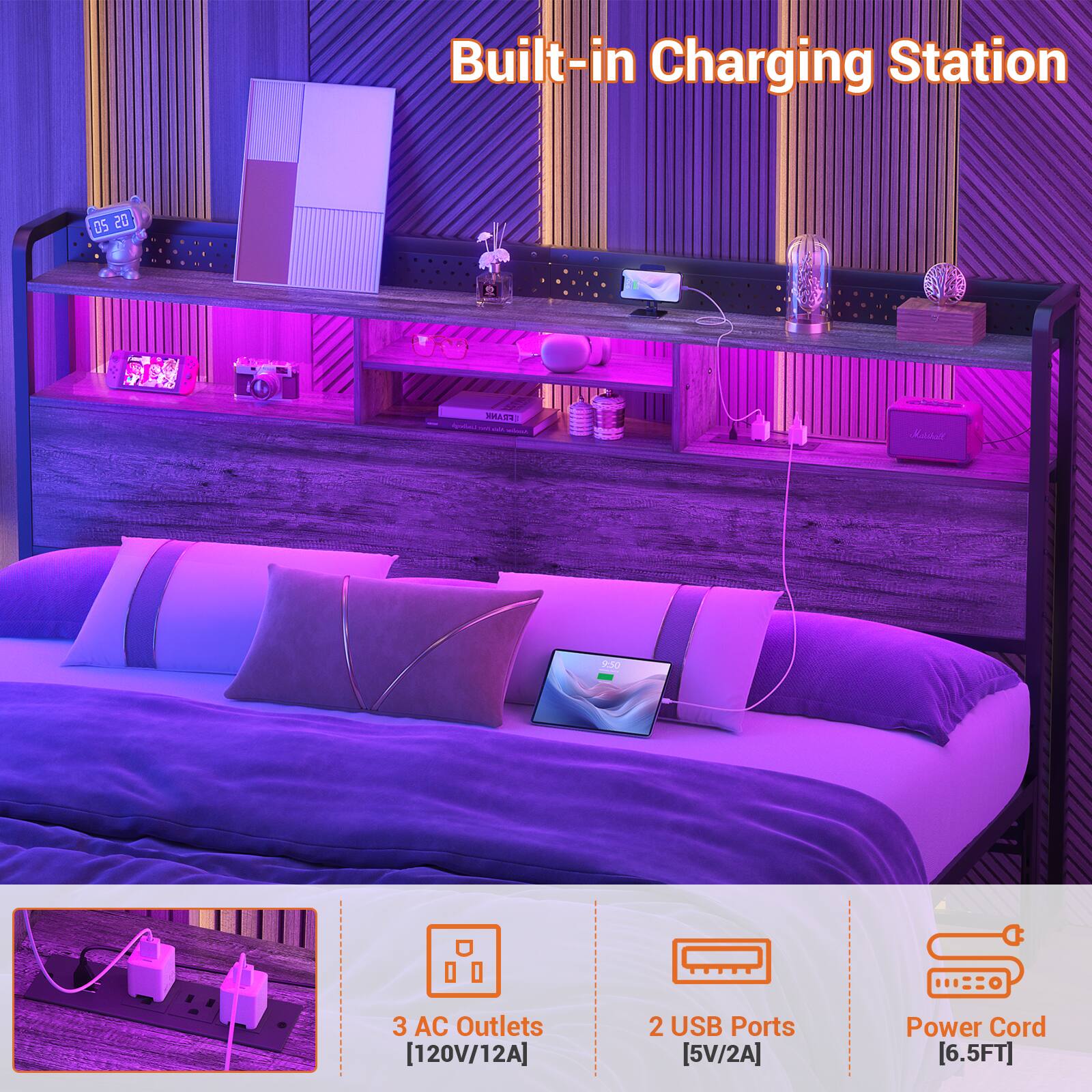 Built-in Charging Station  
- 3 AC Outlets [120V/12A]  
- 2 USB Ports [5V/2A]  
- Power Cord [6.5FT]