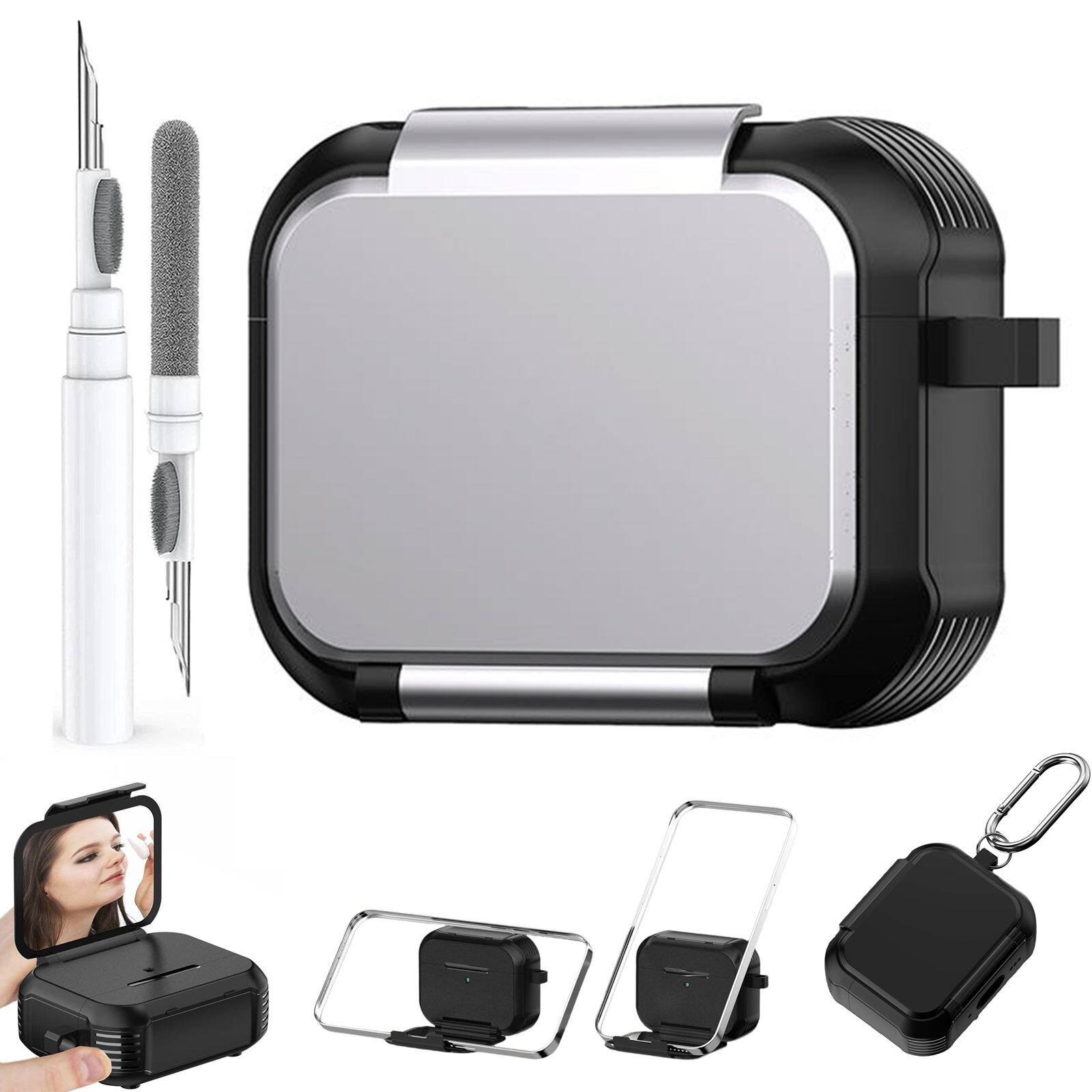 Dteck - For Airpods Pro 3rd Gen (2025) Shockproof Rugged Makeup Mirror Drop Protection Case With Keychain and Stand - Silver