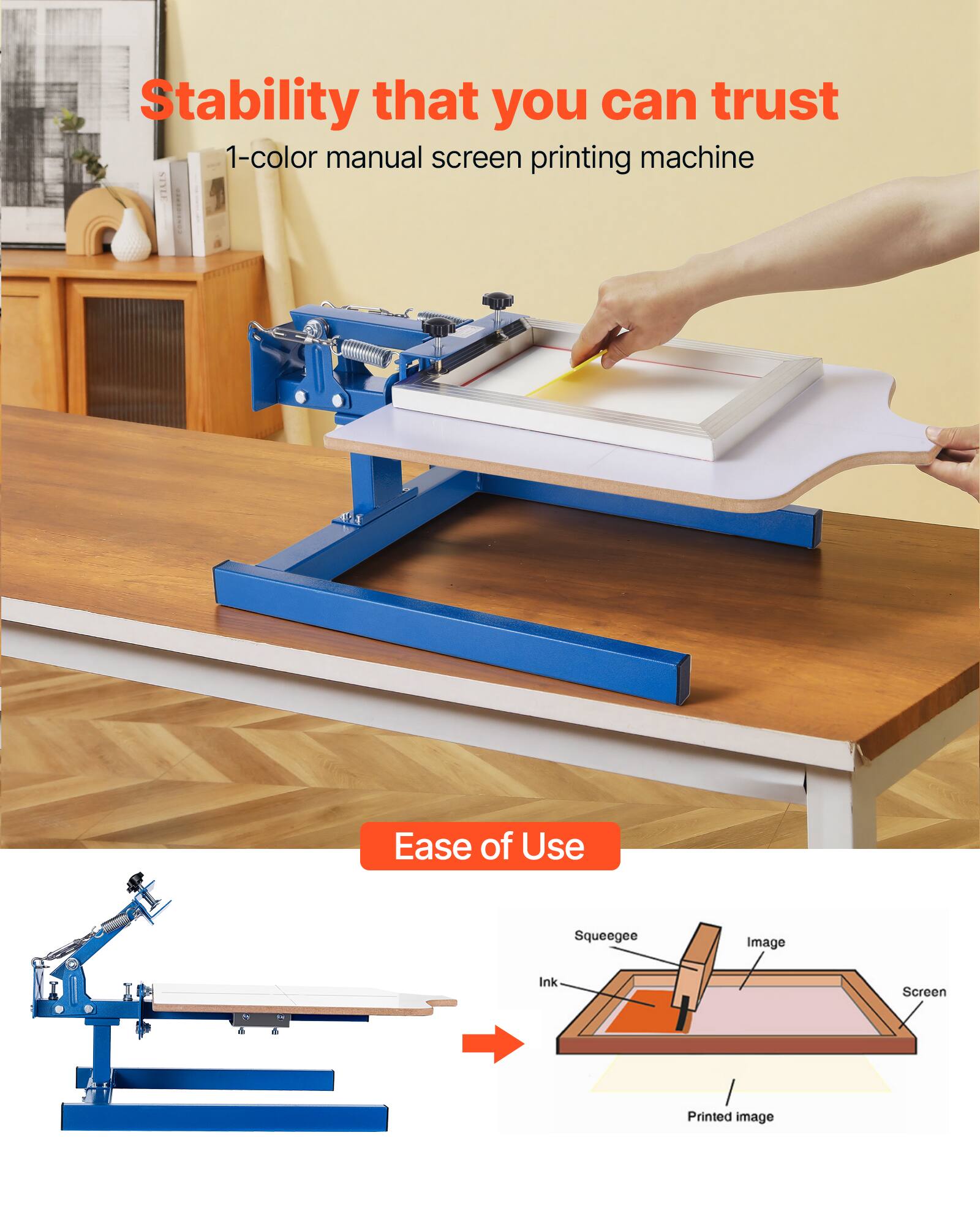 Stability that you can trust  
1-color manual screen printing machine  

Ease of Use  
Squeegee  
Image  
Ink  
Screen  
Printed image