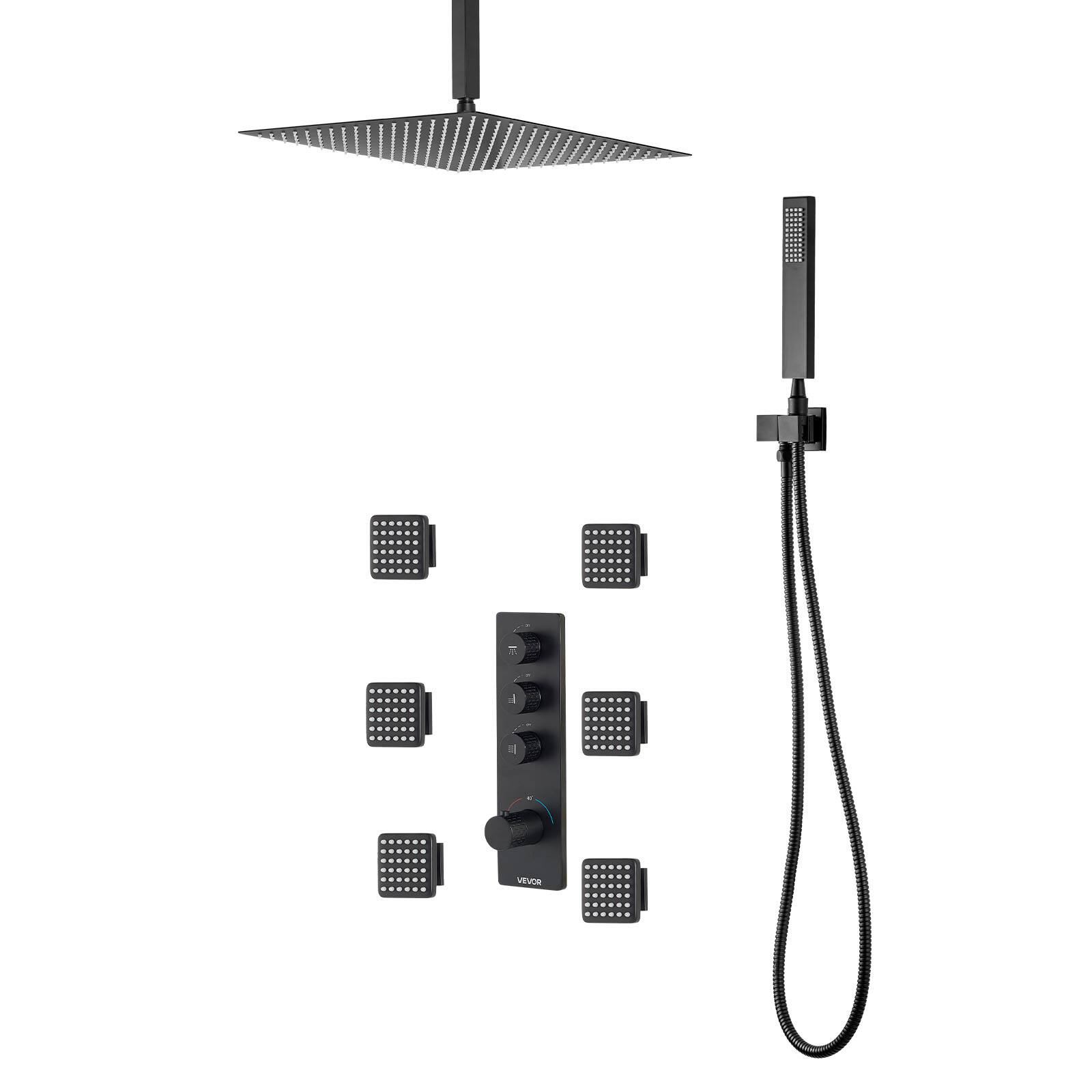 Alt View 5. VEVOR - Shower Faucet Set, 16 Inch Thermostatic Ceiling Mount Rainfall Shower System with 6 Body Jets and Handheld Spray - Matte Black.
