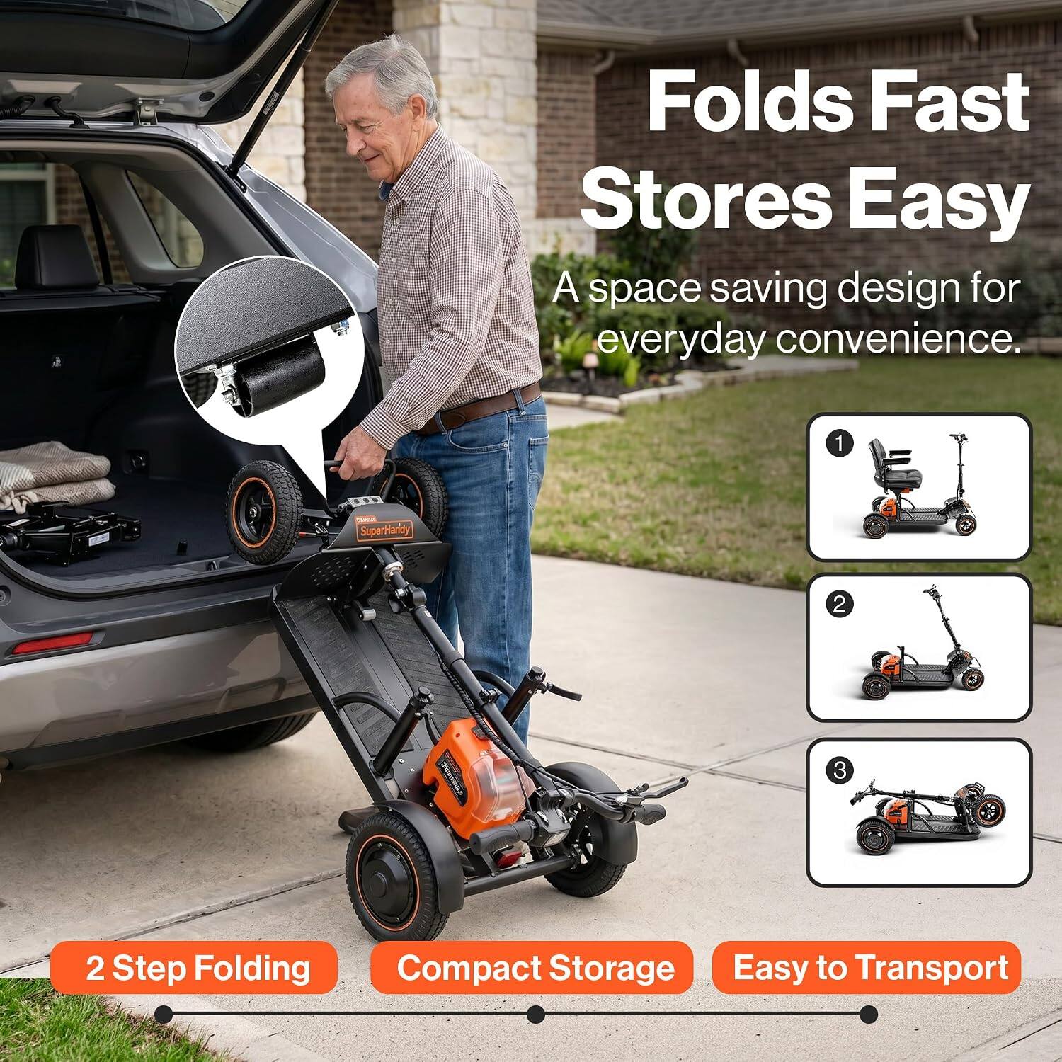 Folds Fast Stores Easy  
A space saving design for everyday convenience.

1. Gandel SuperHandy  
2. 2 Step Folding  
3. Compact Storage  
Easy to Transport