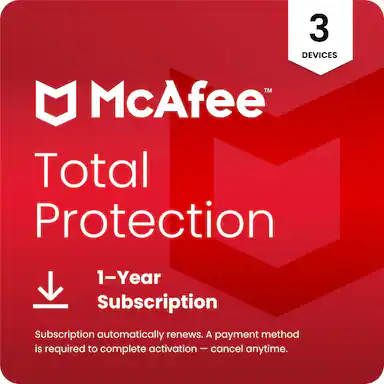 3 Devices
McAfee Total Protection
1-Year Subscription
Subscription automatically renews. A payment method is required to complete activation – cancel anytime.