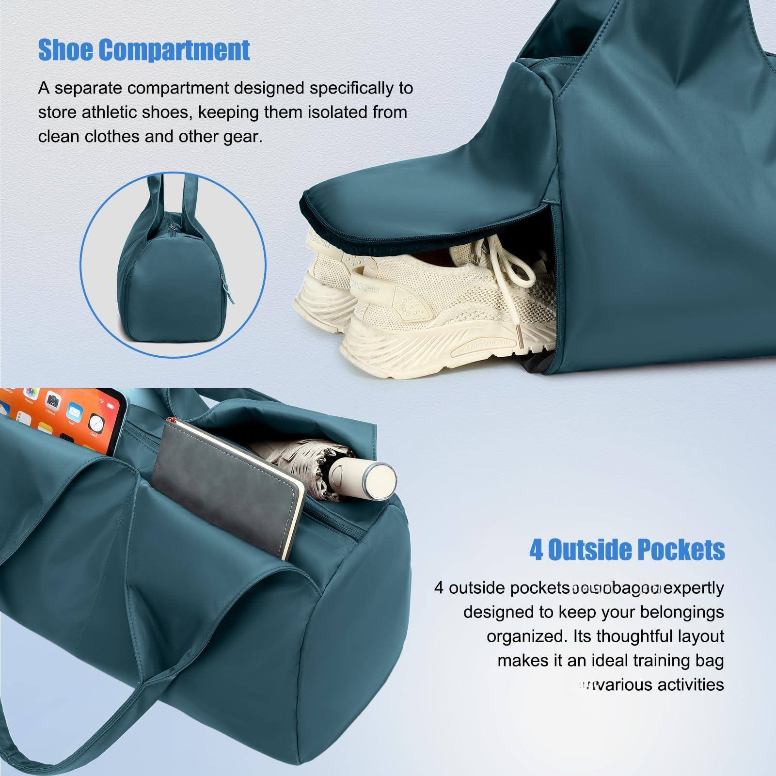 **Shoe Compartment**  
A separate compartment designed specifically to store athletic shoes, keeping them isolated from clean clothes and other gear.

**4 Outside Pockets**  
4 outside pockets expertly designed to keep your belongings organized. Its thoughtful layout makes it an ideal training bag for various activities.