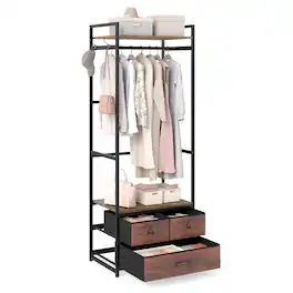 Costway - Clothes Rack with Drawers, Shelves, Side Hooks, Metal Frame for Entryway, Wardrobe - Rustic Brown,Black