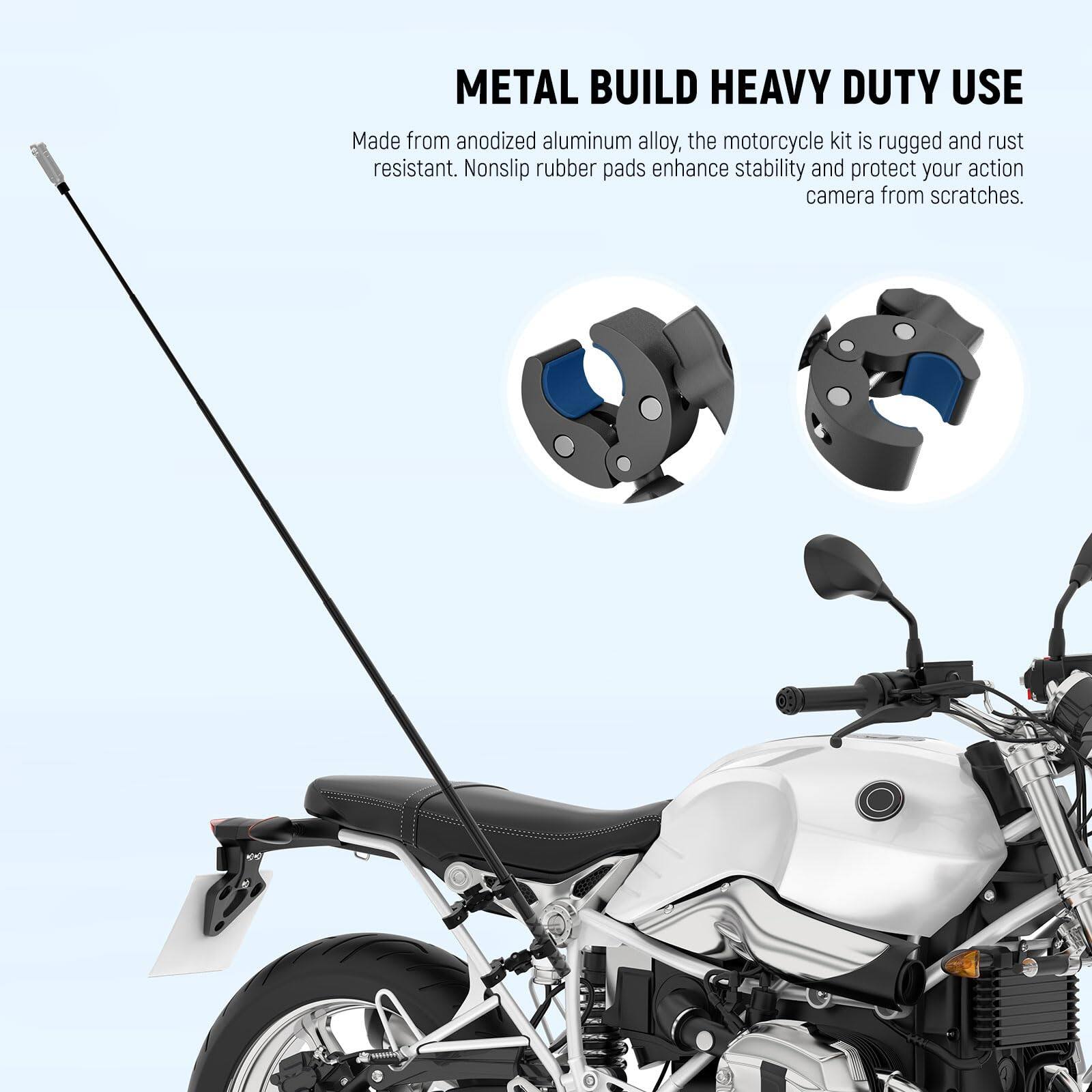 METAL BUILD HEAVY DUTY USE

Made from anodized aluminum alloy, the motorcycle kit is rugged and rust resistant. Nonslip rubber pads enhance stability and protect your action camera from scratches.