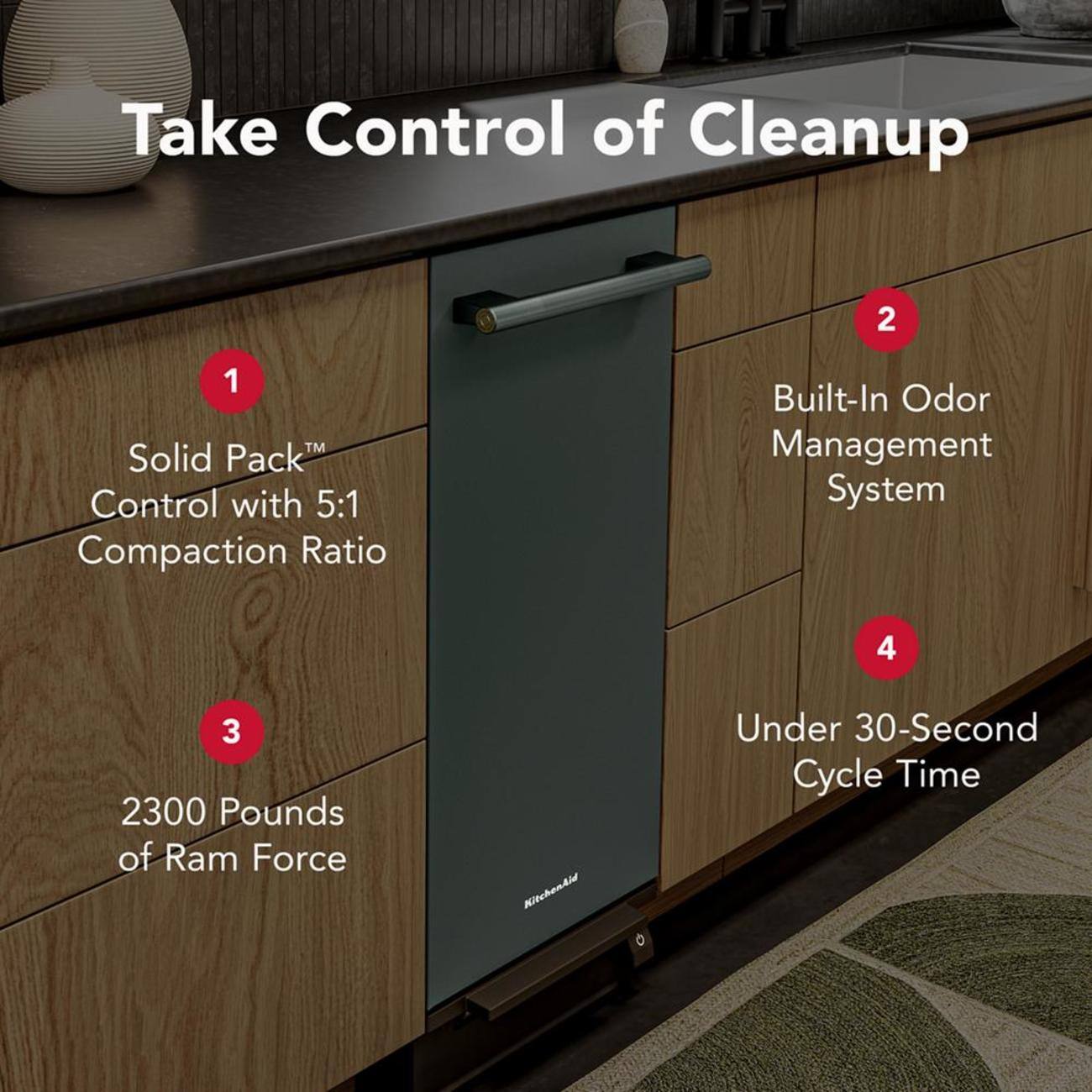 Take Control of Cleanup

1. Solid Pack™ Control with 5:1 Compaction Ratio
2. Built-In Odor Management System
3. 2300 Pounds of Ram Force
4. Under 30-Second Cycle Time