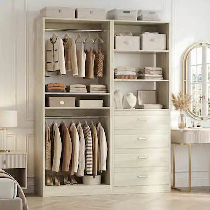 Front. Aheaplus - 46.3" Walk-in Closet Organizer System with 4 Wooden Drawers and 2 Hanging Rods - Beige Oak.