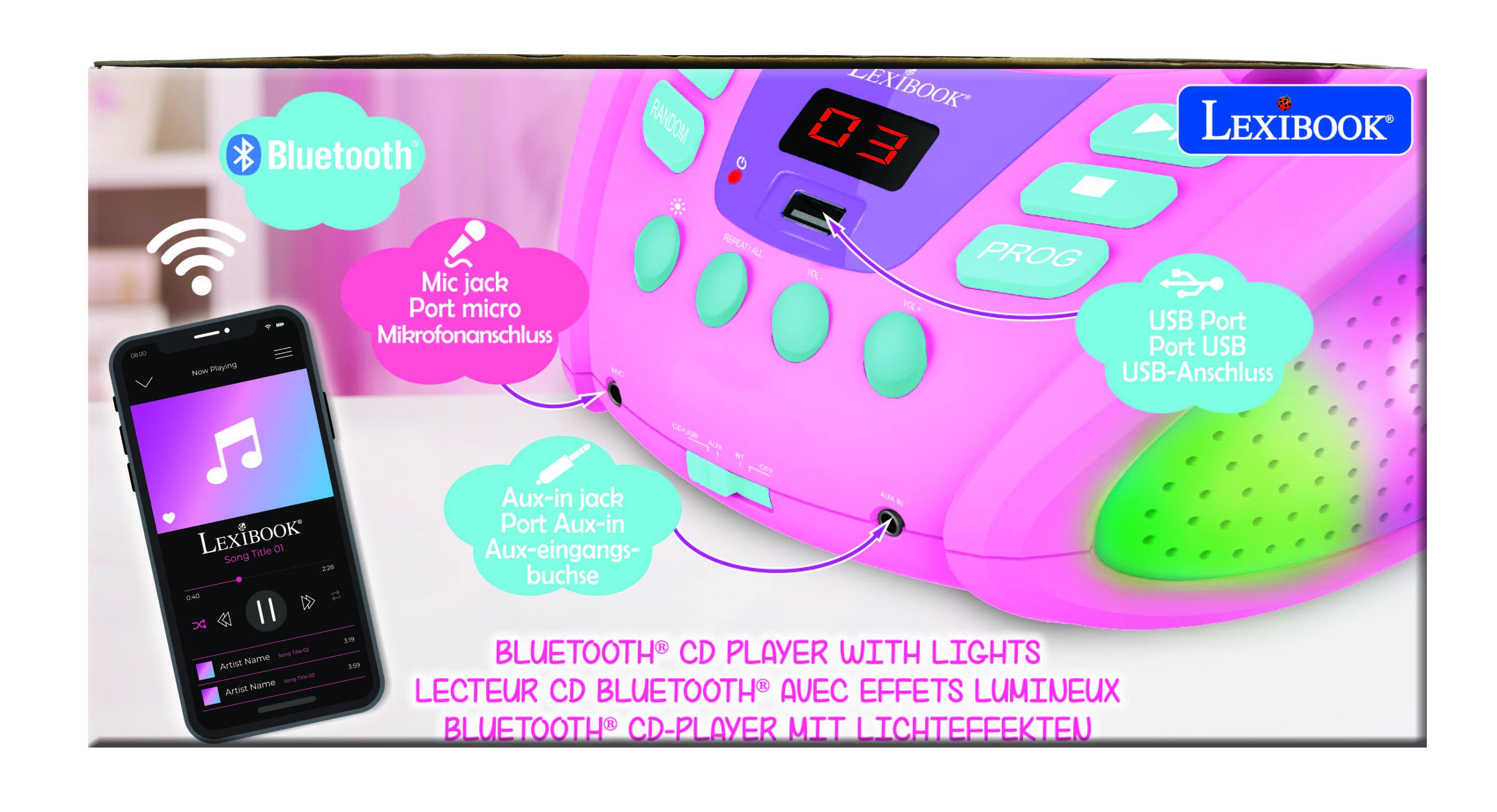 Bluetooth RANDOM LEXIBOOK 03 LEXIBOOK ILIC Now playing Mic jack Port micro Mikrofonanschluss REPEATIA ALL VOL- VOL- PROG USB Port Port USB USB-Anschluss a LEXIBOOK Title 0I Song 2:38 040 II 1 - 1 Artist Name 159 - - Name ser Artist RES  eps Aux-in jack ASA Port Aux-in Aux-eingangs- buchse BLUETOOTH CD PLAYER WITH LIGHTS LECTEUR CD BLUETOOTH AVEC EFFETS LUMINEUX BLUETOOTH CD-PLAYER MIT LICHTEFFEKTEN
