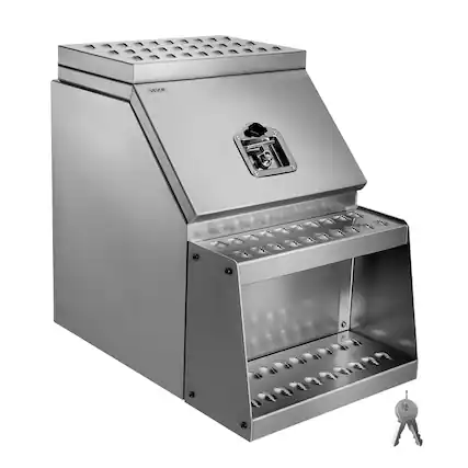 Front. VEVOR - Semi-Truck Step Tool Box, 18" x 27.5" x 25.4" Heavy Duty Aluminum Toolbox Side Mount, Waterproof Side Storage Saddle - Silver.