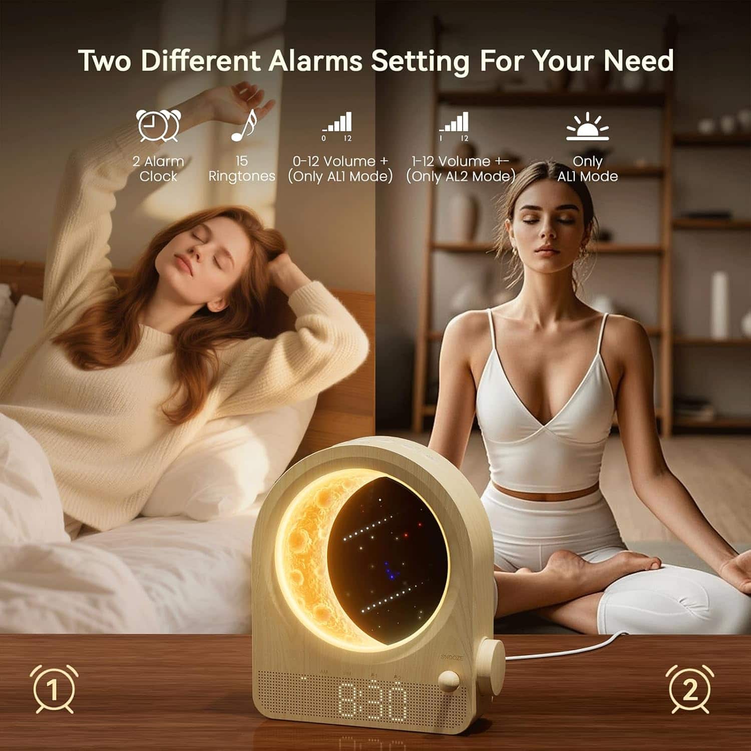 Dazzed Corner Alarm Clocks, Dimmable Moon Lamp Dual Alarm Clock