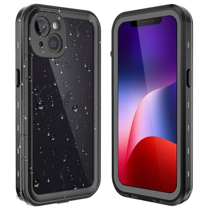 Front. Stock Preferred - Waterproof Full Body Shockproof Case with Built-In Screen Protector & Ring Kickstand for iPhone 13 - Black.