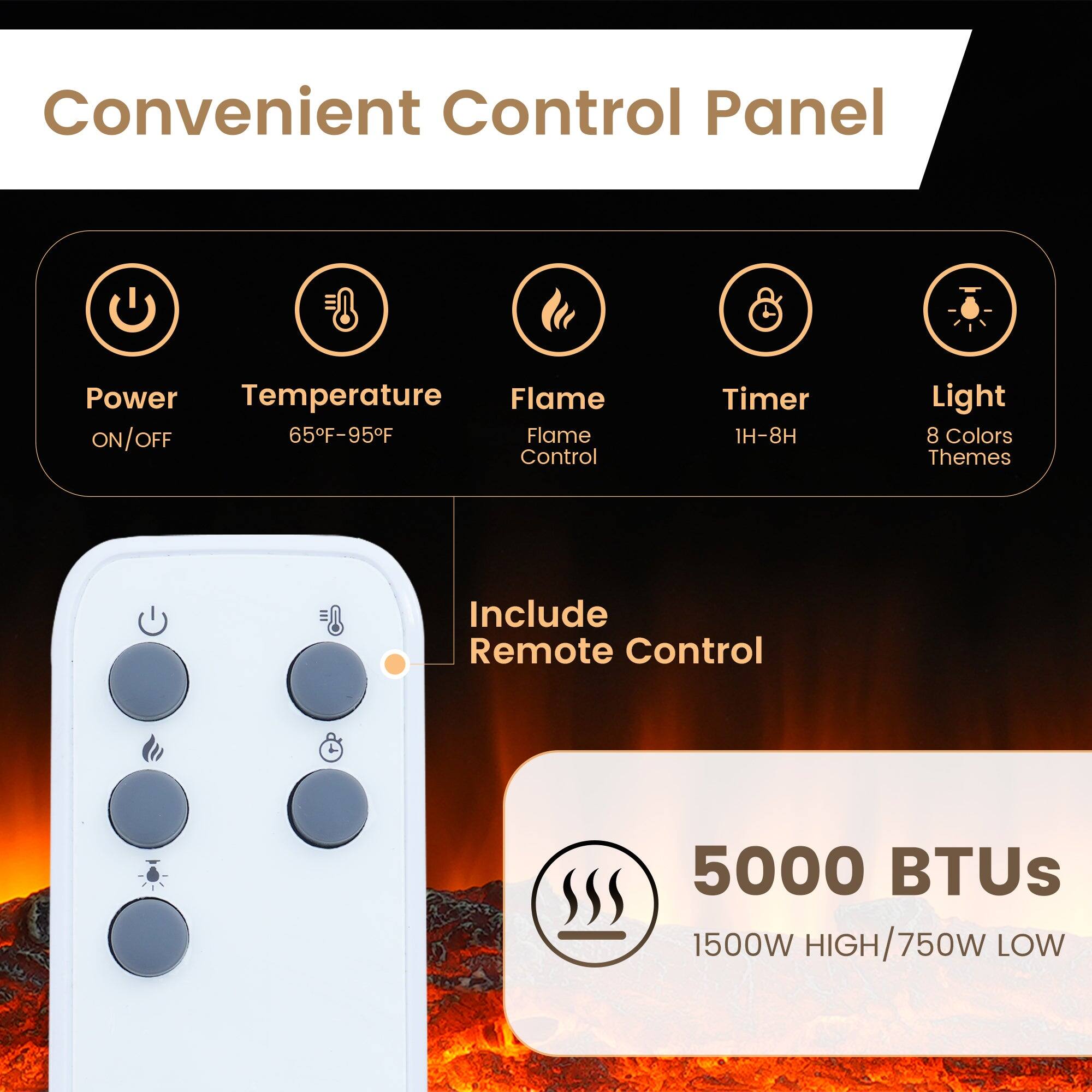 Convenient Control Panel

- Power ON/OFF
- Temperature 65°F-95°F
- Flame Control
- Timer 1H-8H
- Light 8 Colors Themes
- Include Remote Control
- 5000 BTUs
- 1500W HIGH / 750W LOW