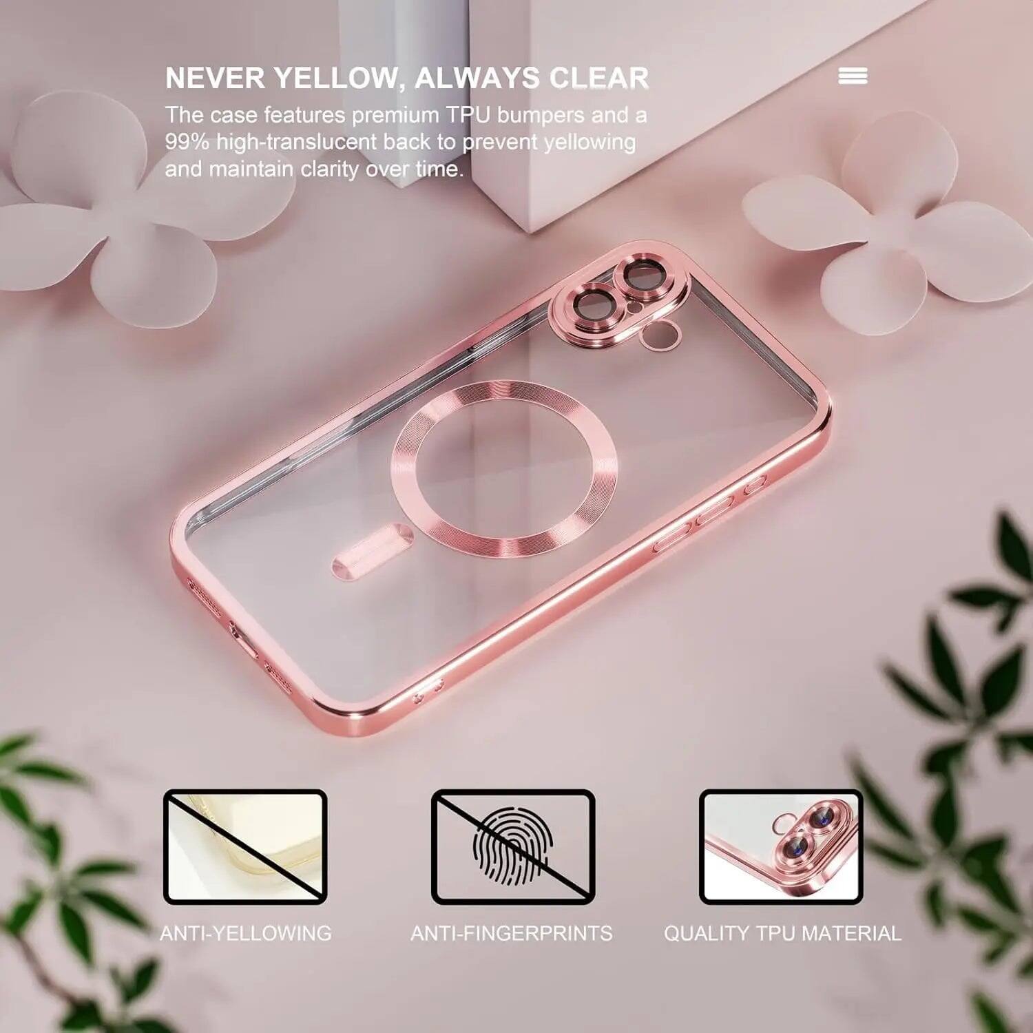 NEVER YELLOW, ALWAYS CLEAR  
The case features premium TPU bumpers and a 99% high-translucent back to prevent yellowing and maintain clarity over time.  

ANTI-YELLOWING  
ANTI-FINGERPRINTS  
QUALITY TPU MATERIAL