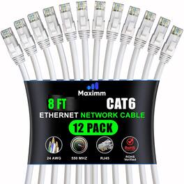 Maximm - Cat 6 Ethernet Cable 8 ft (12-Pack) - UTP, 10Gbps, 550MHz