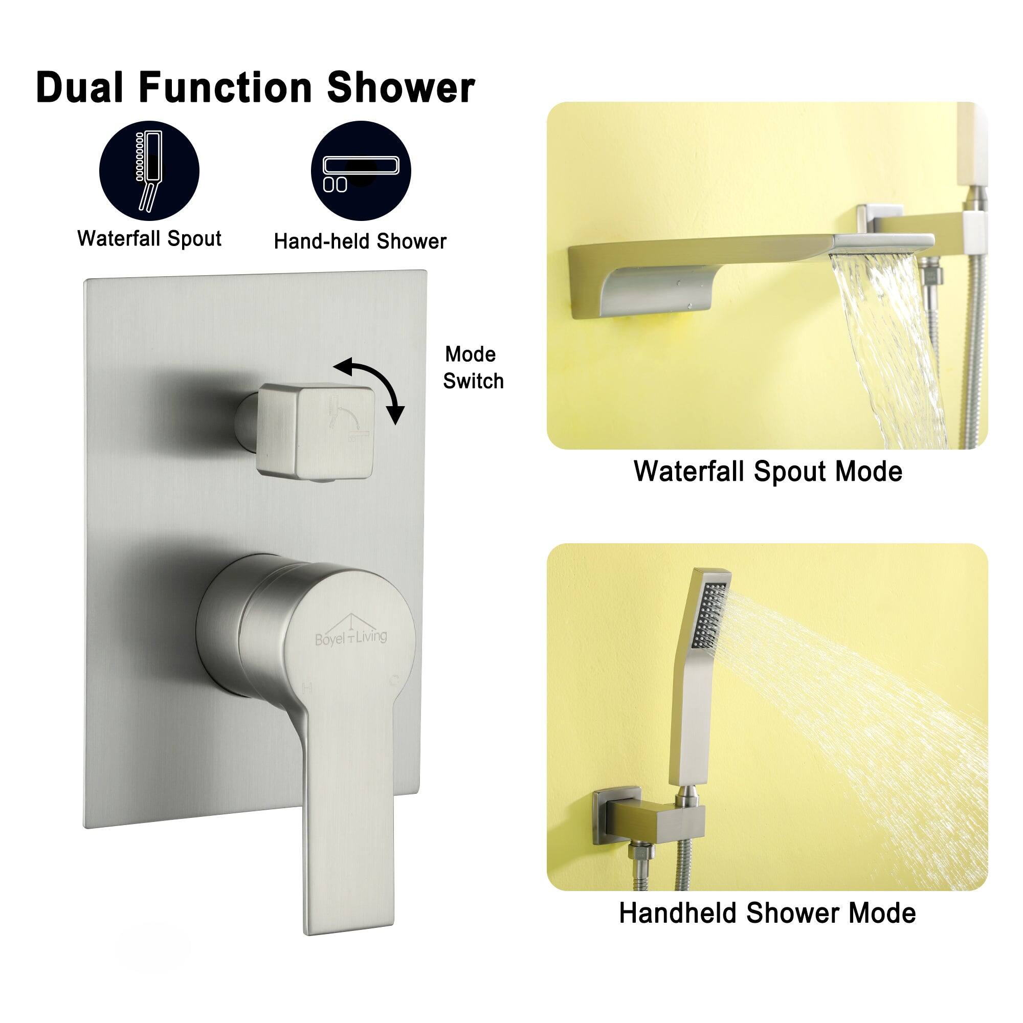Dual Function Shower, Waterfall Spout, Hand-held Shower, Mode Switch, Waterfall Spout Mode, Handheld Shower Mode