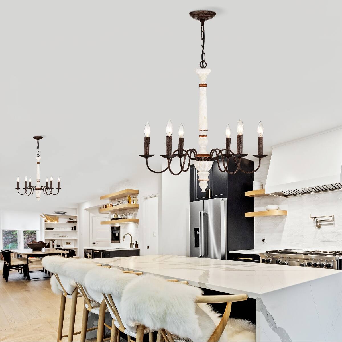 Alt View 7. Loheer - Loheer 6 Light Farmhouse Chandelier, Retro White and Rust Metal E12 Pendant Light for Dining Room.