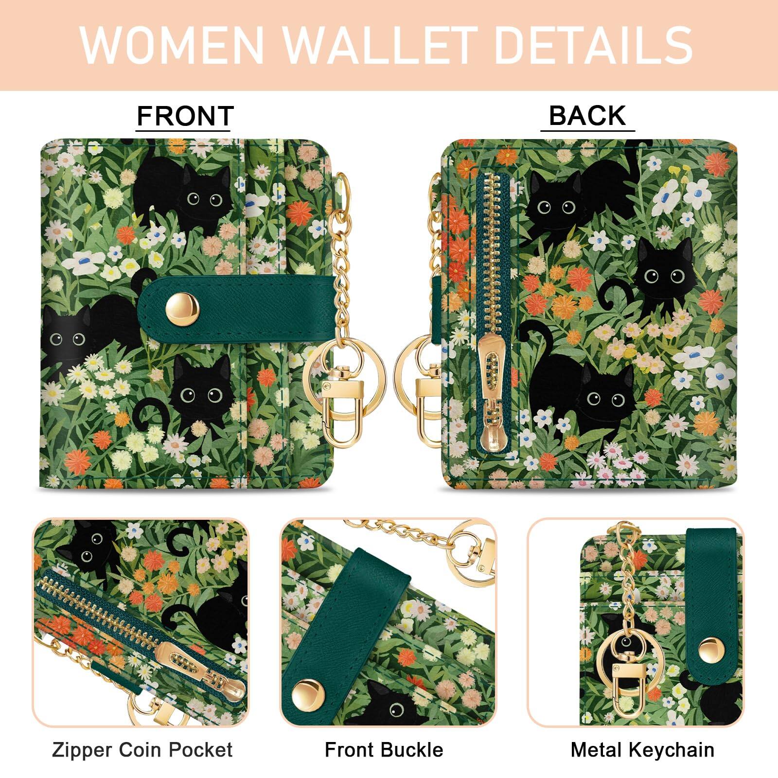 Alt View 3. Jadie Link - Black Cat Floral Rfid Women Wallet Small Slim Thin Credit Card Leather Bifold Zipper Pocket Window Female Ladies Teen - Mandala.
