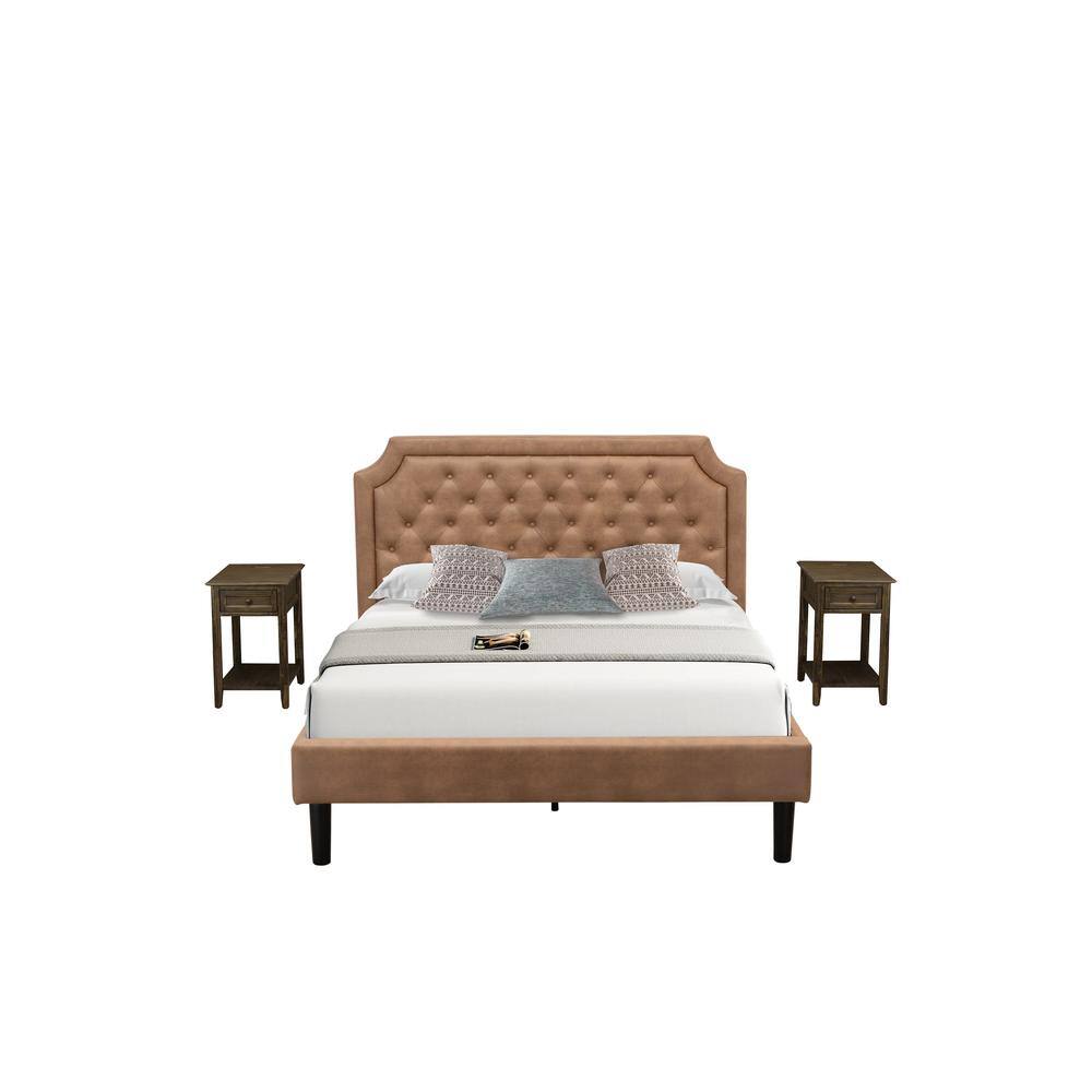 Alt View 4. East West Furniture - GB28Q-2DE07 3-Piece Bedroom Set with Queen Frame and 2 Distressed Jacobean Bedroom Nightstands - Brown Faux Leather and - Brown.