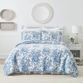 Hivvago - King size 3 Piece Bed-in-a-Bag Reversible Blue White Floral Cotton Quilt Set - Blue, White