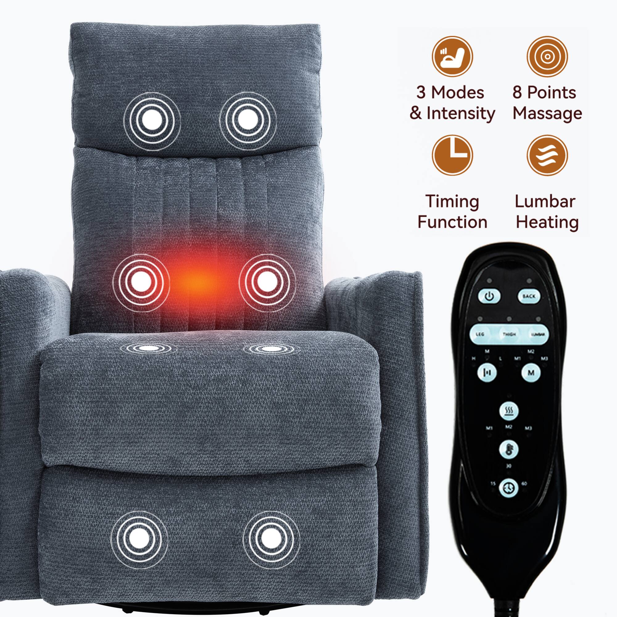3 Modes & Intensity  
8 Points Massage  
Timing Function  
Lumbar Heating