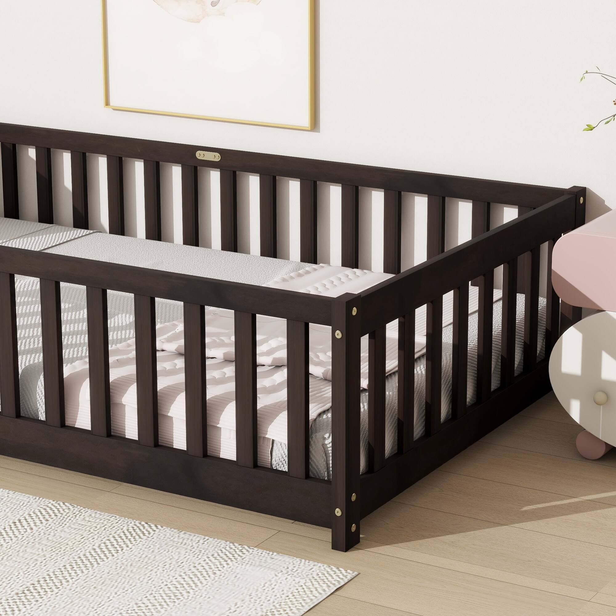 Alt View 1. GOODSILO - Twin Size Floor Bed with Safety Fence for Kids, Sturdy Rubber Wood Construction, Easy Assembly - Espresso.