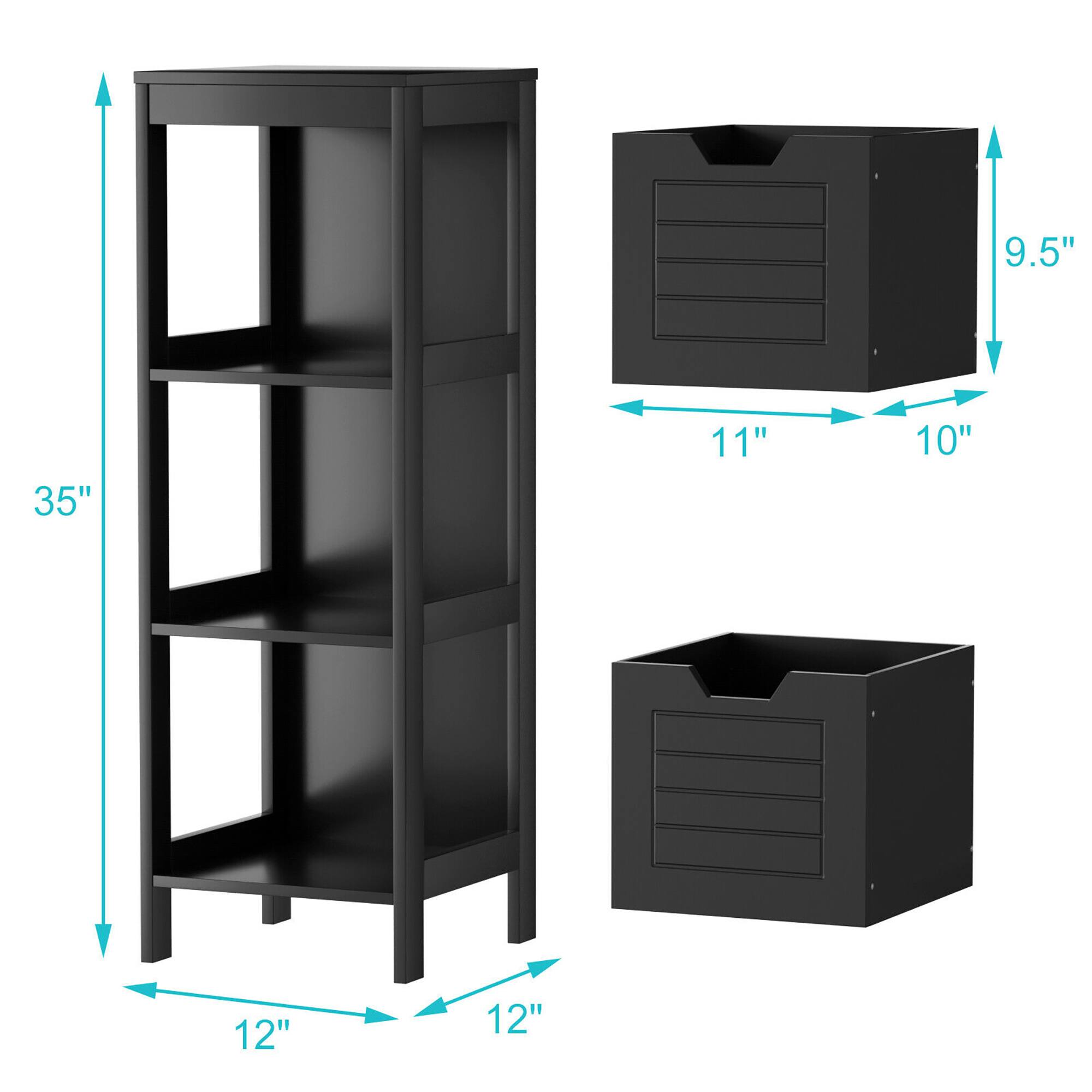 - Height: 35"
- Width: 12"
- Depth: 12"
- Drawer 1: 11" x 10" x 9.5"
- Drawer 2: 11" x 10" x 9.5"