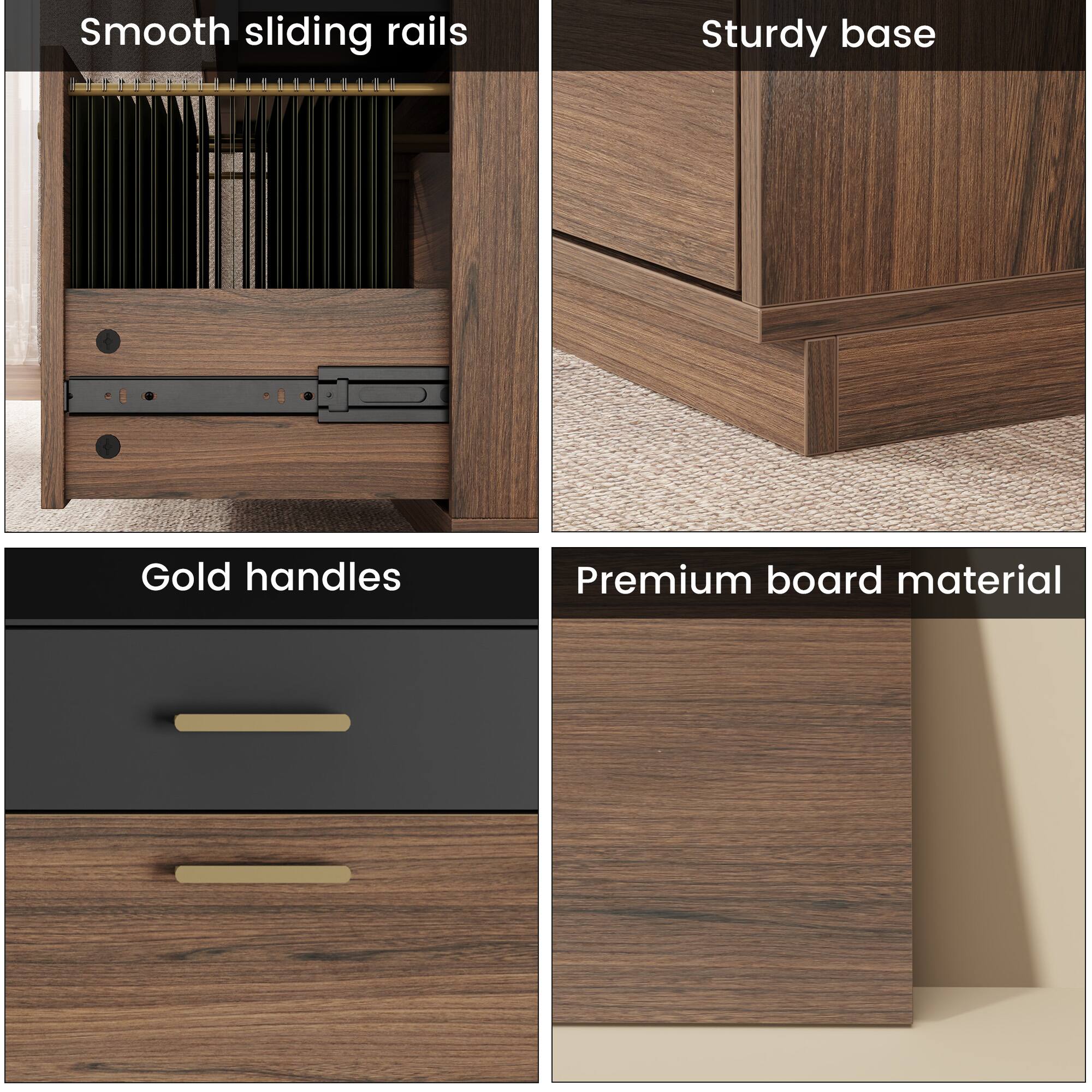 Smooth sliding rails  
Sturdy base  
Gold handles  
Premium board material