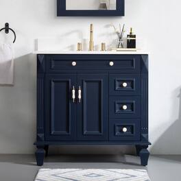 WELLFOR - ARTWOOD 36 in. Solid Wood Bath Vanity with Quartz Top, Single Sink, Soft Close, Assembled - Navy Blue