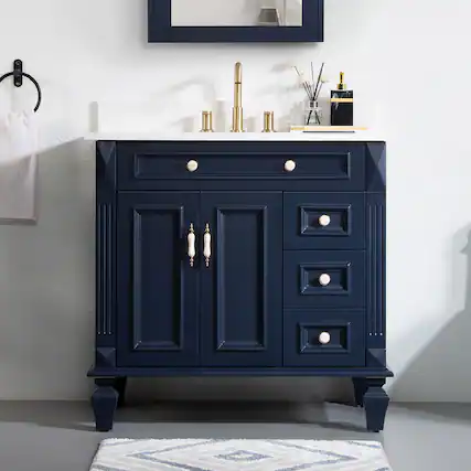 Front. WELLFOR - ARTWOOD 36 in. Solid Wood Bath Vanity with Quartz Top, Single Sink, Soft Close, Assembled - Navy Blue.