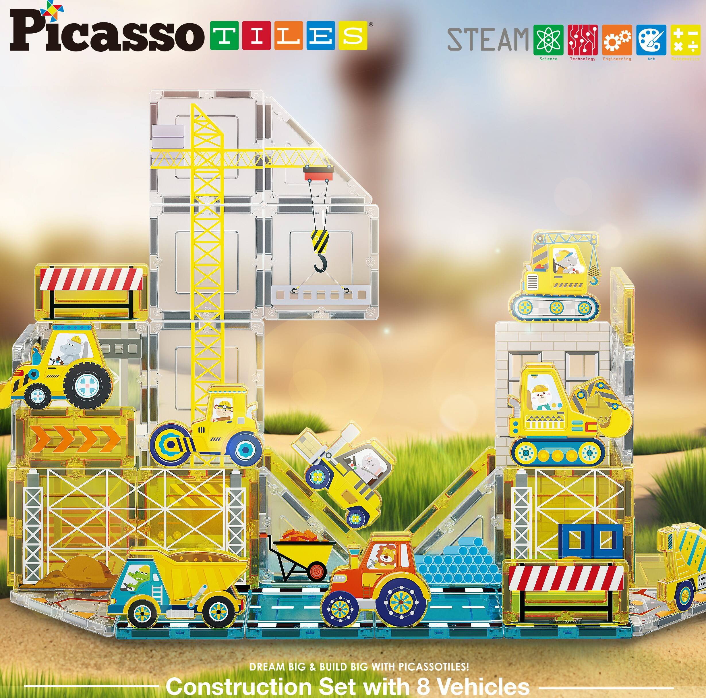 Picasso Tiles

STEAM
- Science
- Technology
- Engineering
- Art
- Math

DREAM BIG & BUILD BIG WITH PICASSOTILES!

Construction Set with 8 Vehicles