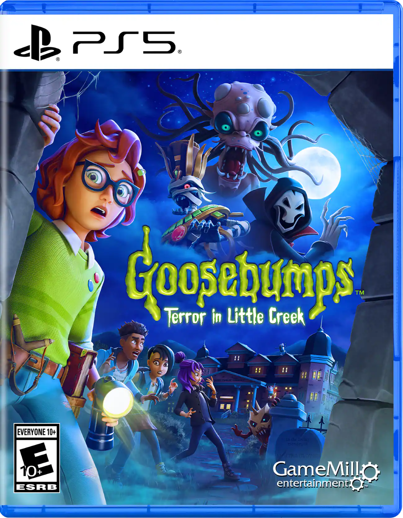 Goosebumps Terror in Little Creek is a game for the PlayStation 5 console, rated E for Everyone and 10+. The game is developed by GameMill Entertainment. - E10+ (Everyone 10+)