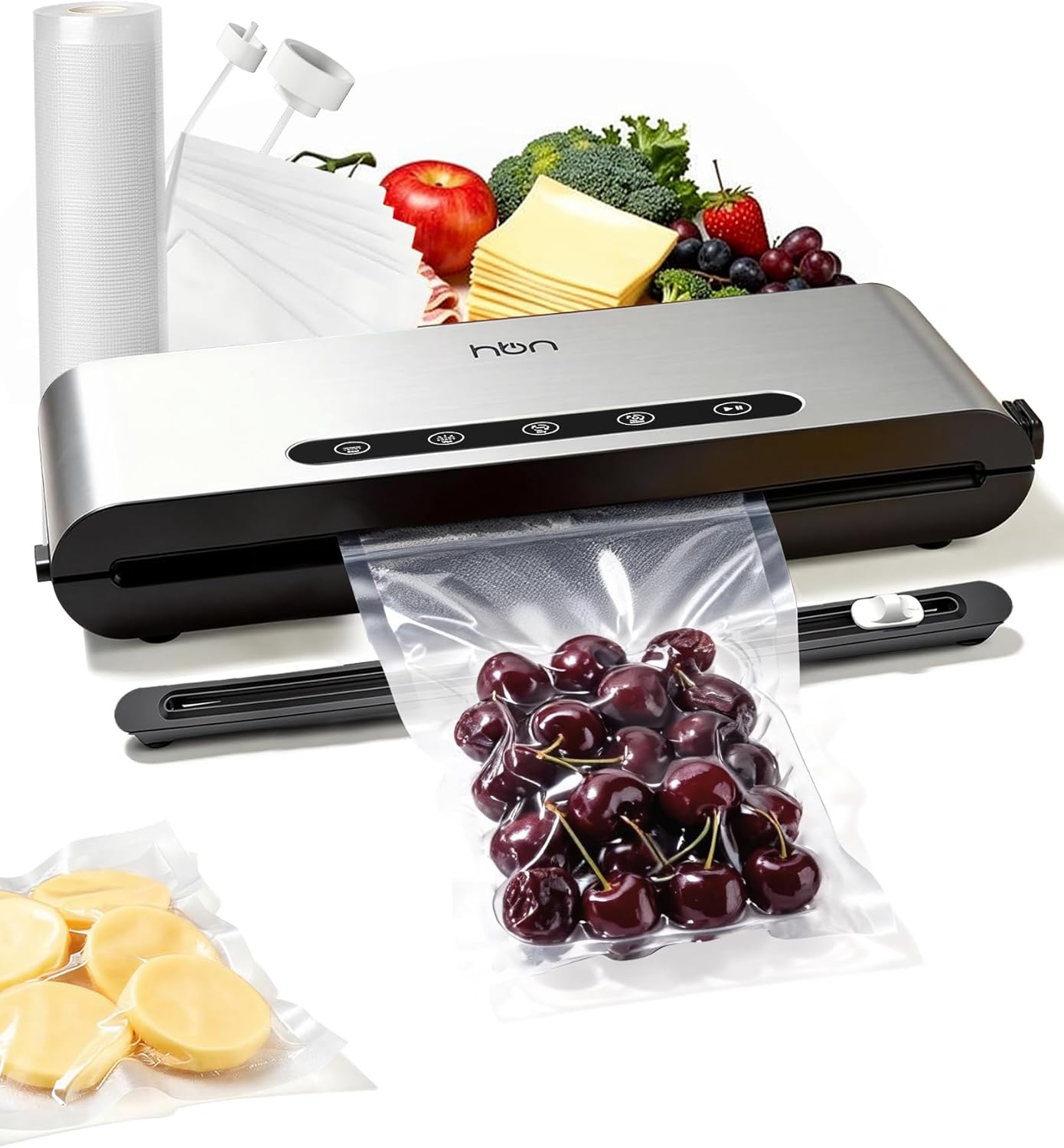 Front. HBN - HBN Commercial Vacuum Sealer, Automatic, Built-in Cutter & Bag Storage, Hands-Free Lid, Stainless Steel - Silver.
