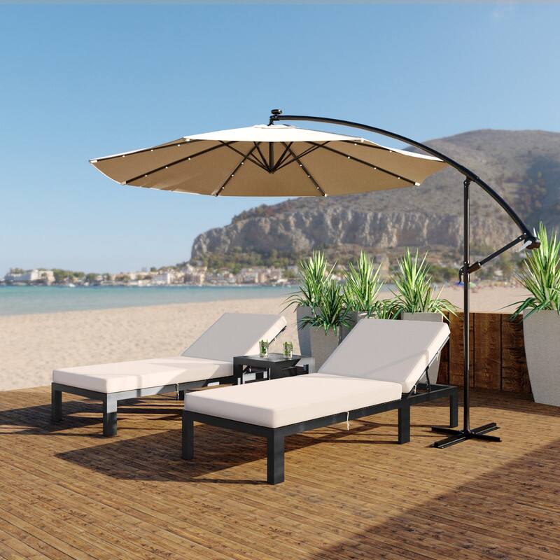 Angle. LeisureMod - Willry Solar Powered Patio LED Umbrella with Crank and Powder Coated Metal Frame - Beige.