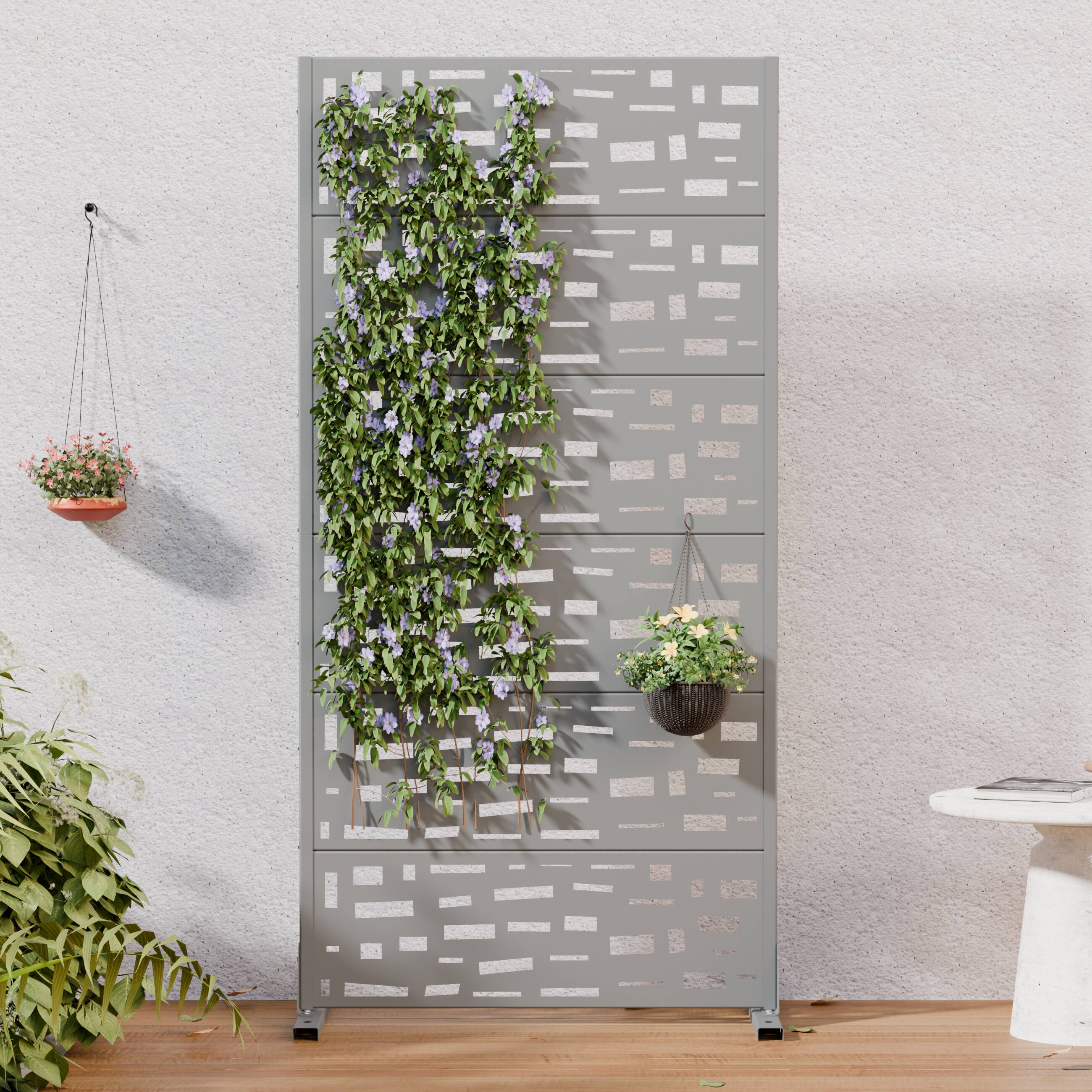 PexFix- Outdoor Privacy Screen Freestanding Metal Decorative Screen with Cutout Design for Patio Garden Poolside Indoor Decor- Gray