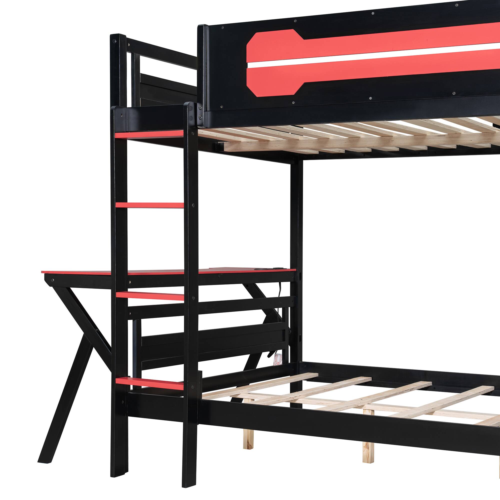 Alt View 1. Anysun - Full Size Bunk Bed with Two Built-In Gaming Desks, USB Desktop Ports & Pegboard Organizer, Gaming Bunk Frame for Gamer - Red.