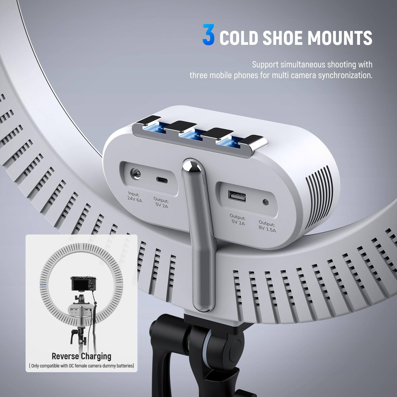 3 COLD SHOE MOUNTS  
Support simultaneous shooting with three mobile phones for multi camera synchronization.  

Input: 2V GA  
Output: SV ZA  
Output BV 2A  
Output: B 1.5A  
Reverse Charging (Only compatible with DC female camera dummy batteries)