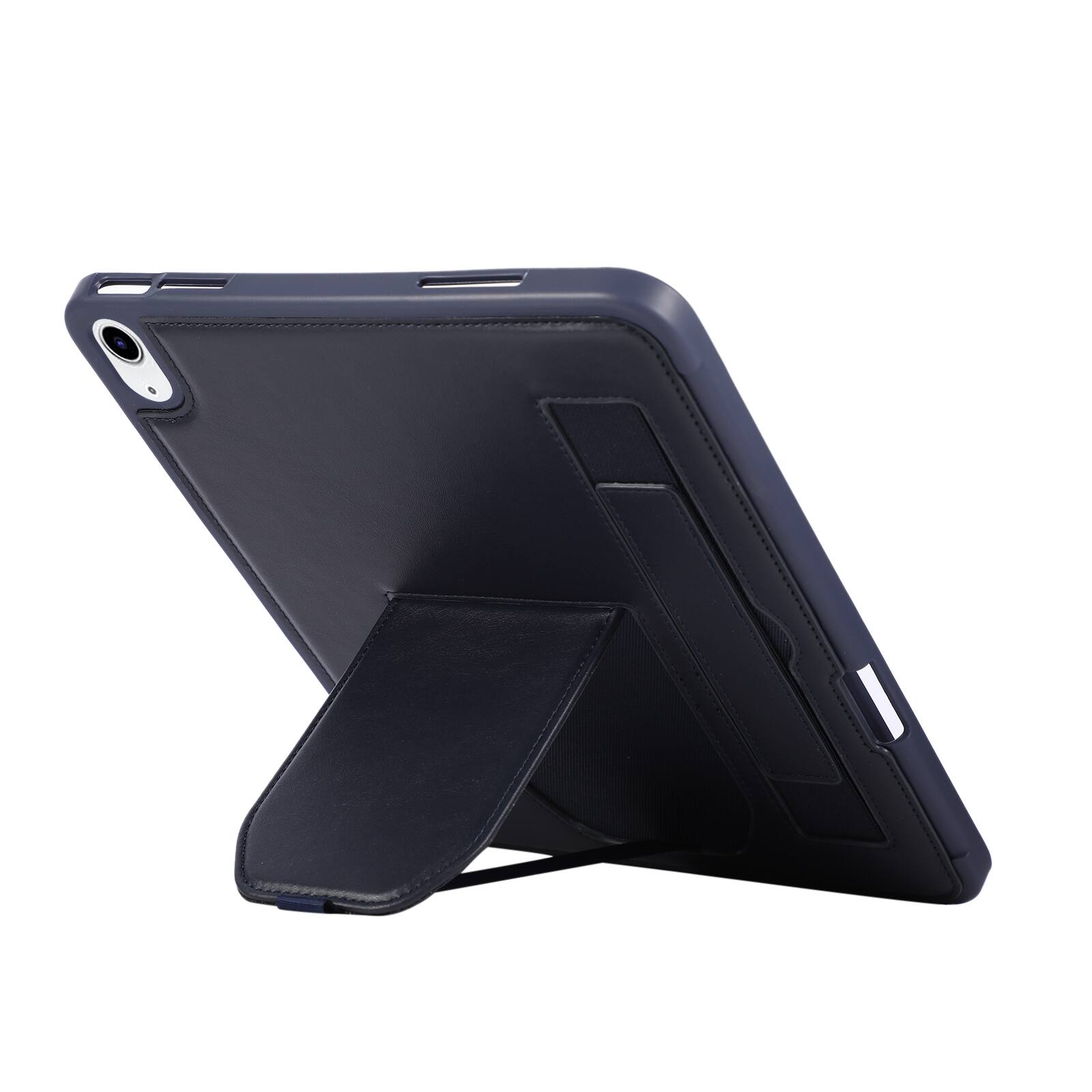 Left. Dteck - Shockproof Case for Apple iPad (A16) 11" 2025 with Hand Strap and Foldable Kickstand, PU Leather TPU Protective Cover - Blue.