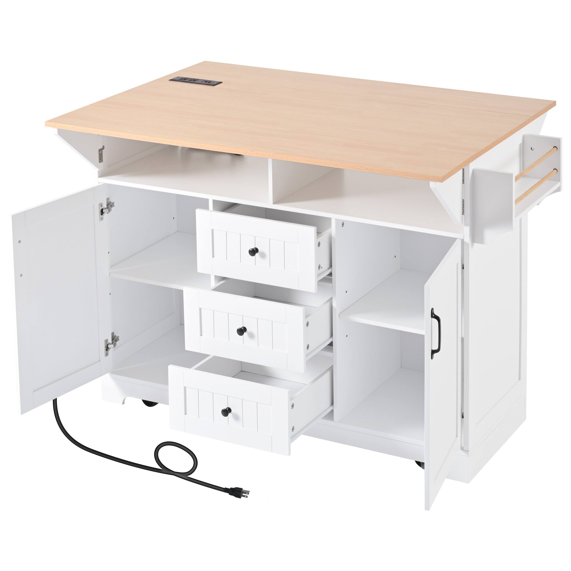 Left. Whisen - 56" Large Kitchen Island, Rolling Cart with Power Outlet, Drop Leaf for Dining Room - White.