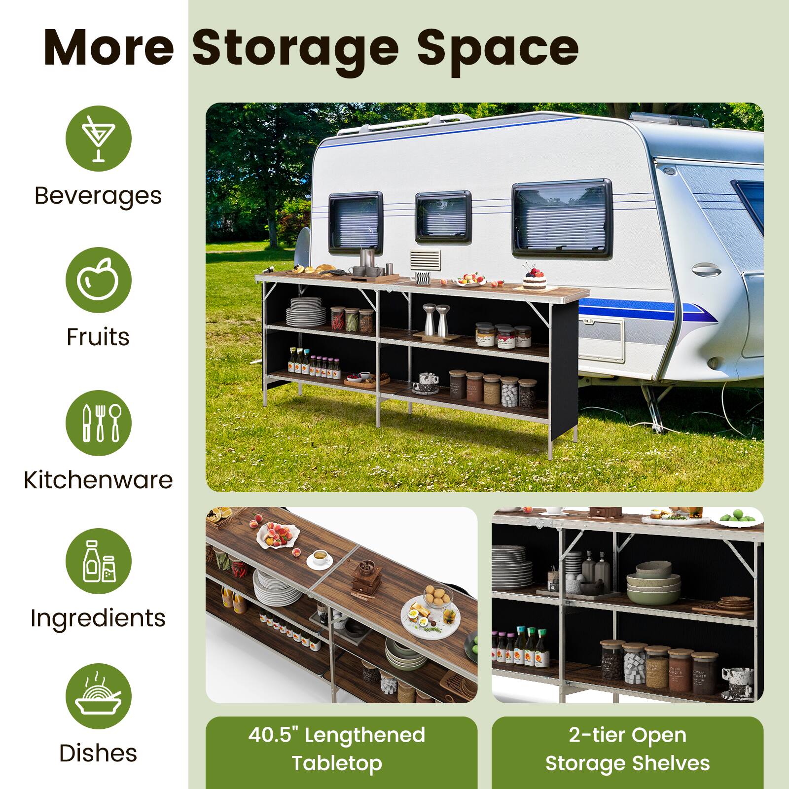 More Storage Space

- Beverages
- Fruits
- Kitchenware
- Ingredients
- Dishes

40.5" Lengthened Tabletop

2-tier Open Storage Shelves