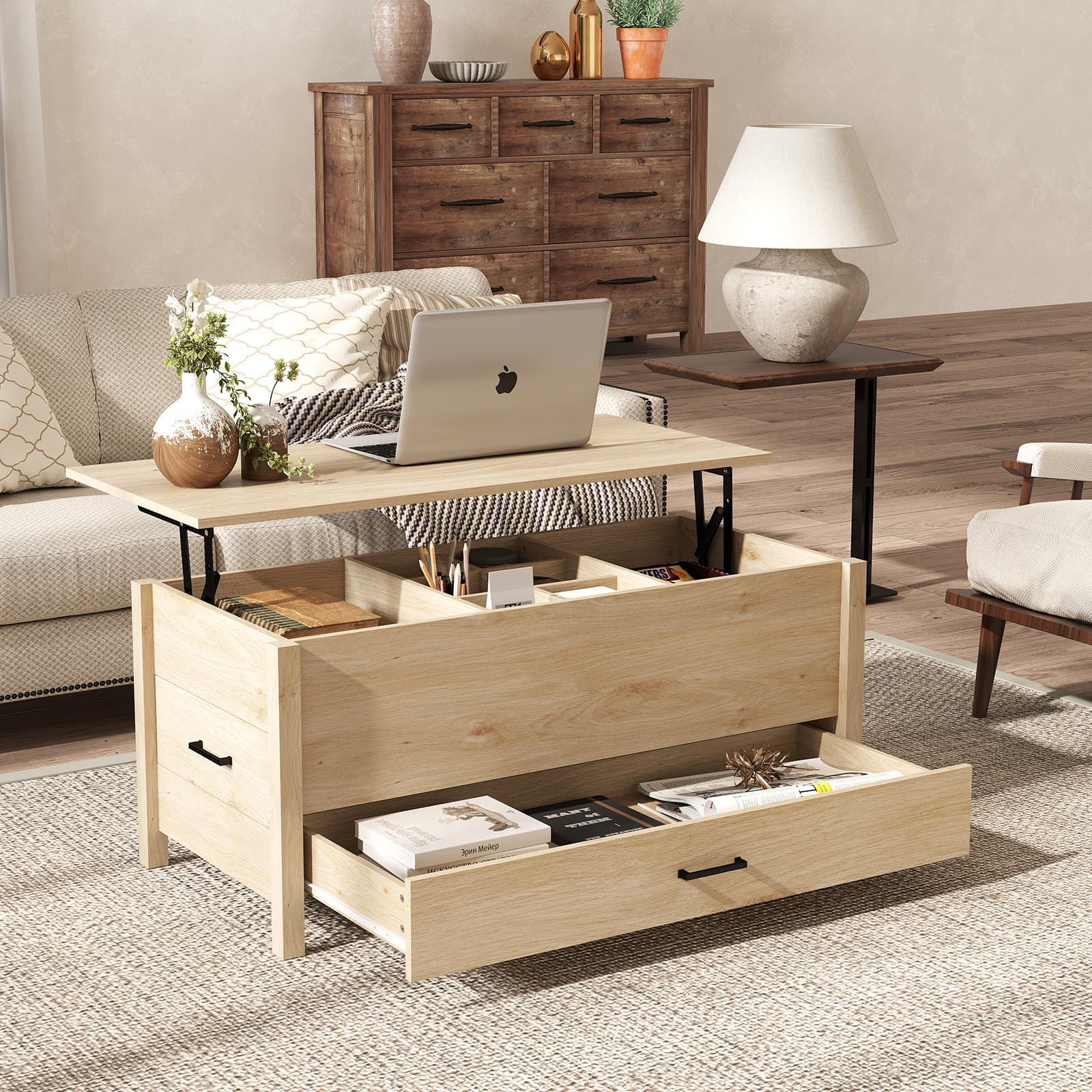 Bestier - Lift-Top Coffee Table with Hidden Storage, 3 Drawers, Spacious Countertop and Sturdy Wood Legs - wooden