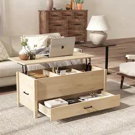 Bestier - Lift-Top Coffee Table with Hidden Storage, 3 Drawers, Spacious Countertop and Sturdy Wood Legs - wooden