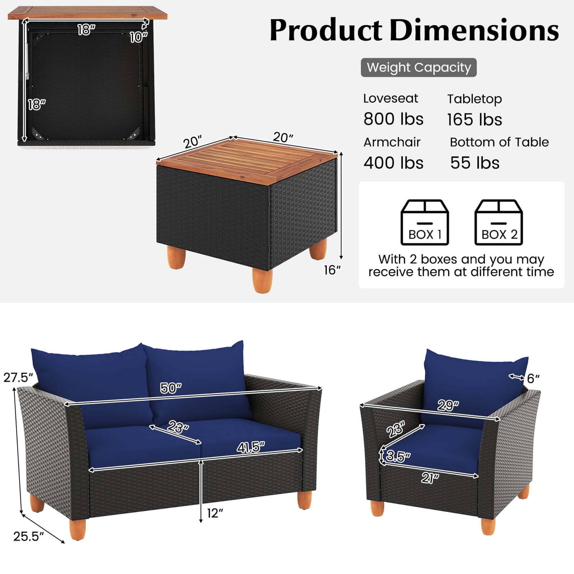 Product Dimensions:
18" 10" Loveseat
20" 20" Tabletop
800 lbs Armchair
55 lbs Bottom of Table

Weight Capacity:
165 lbs Loveseat
400 lbs Tabletop
55 lbs Armchair

BOX 1:
27.5" 50" 23" 41.5" 29" 23" 3.5" 21" 6" 12" 25.5"

BOX 2:
27.5" 50" 23" 41.5" 29" 23" 3.5" 21" 6" 12" 25.5"