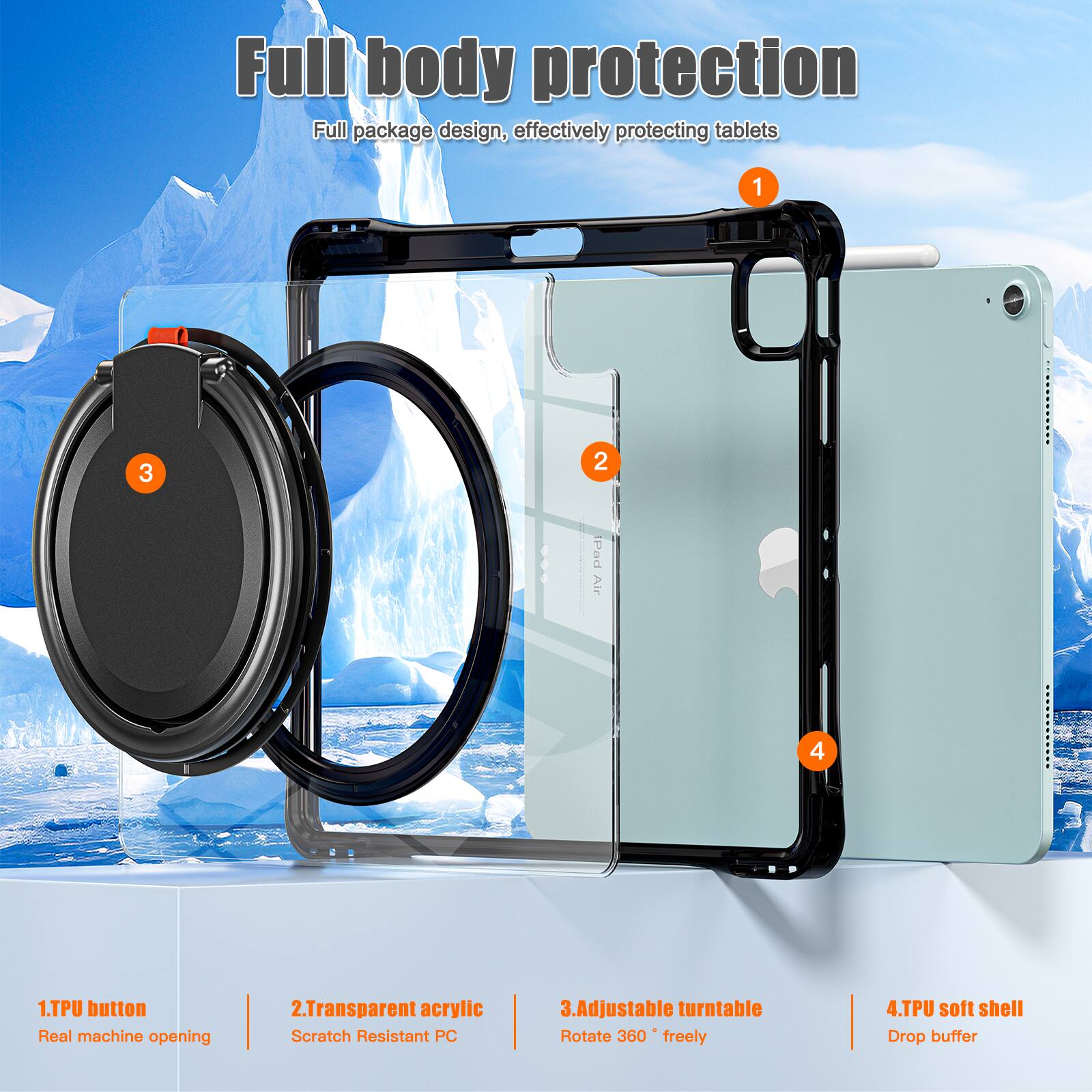Full body protection  
Full package design, effectively protecting tablets  

1. TPU button  
Real machine opening  

2. Transparent acrylic  
Scratch Resistant PC  

3. Adjustable turntable  
Rotate 360° freely  

4. TPU soft shell  
Drop buffer