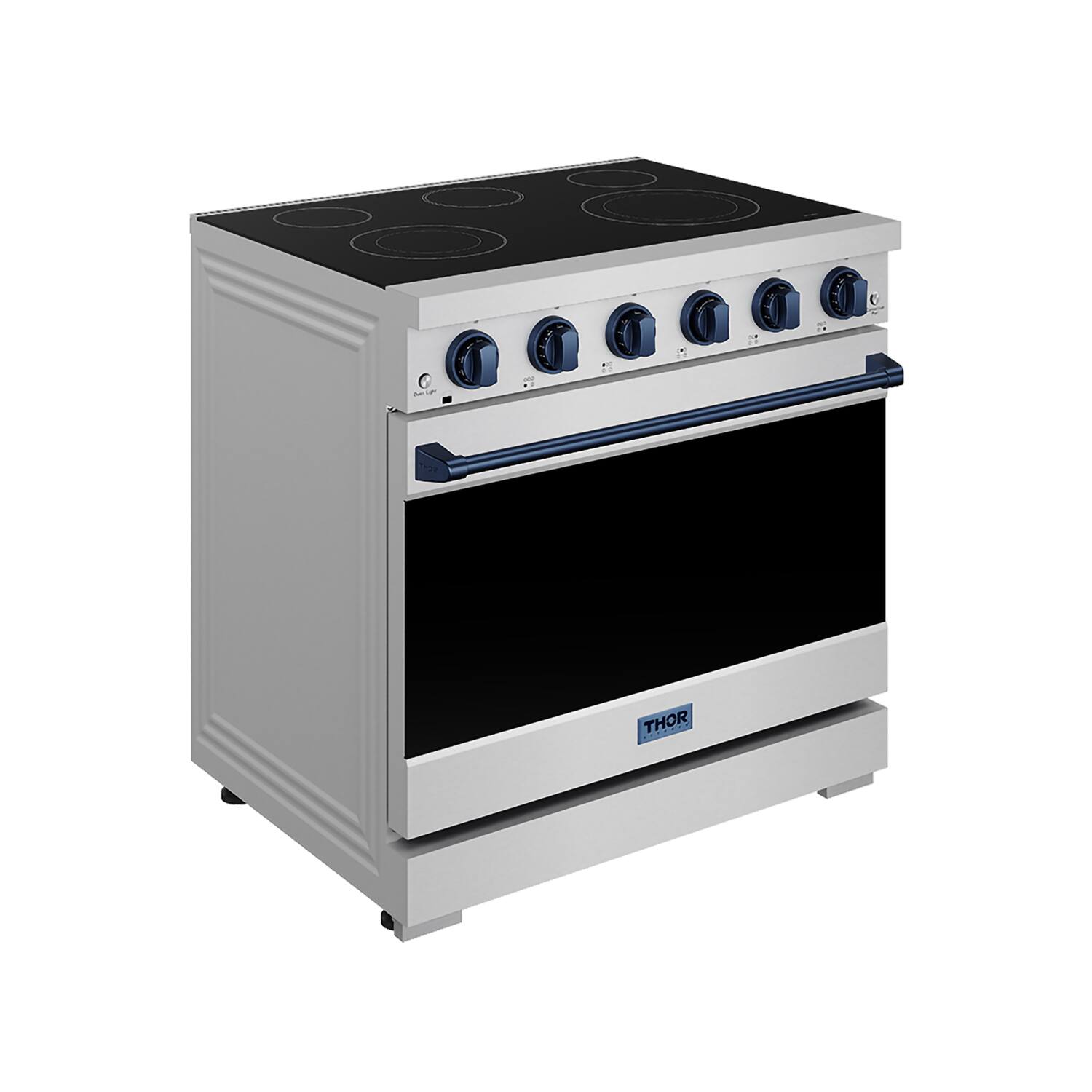 Left. Thor Kitchen - Gordon Ramsay Series by Thor Kitchen 6.0 Cu. Ft Freestanding Electric Range with Navy Blue Hardware - Stainless Steel.