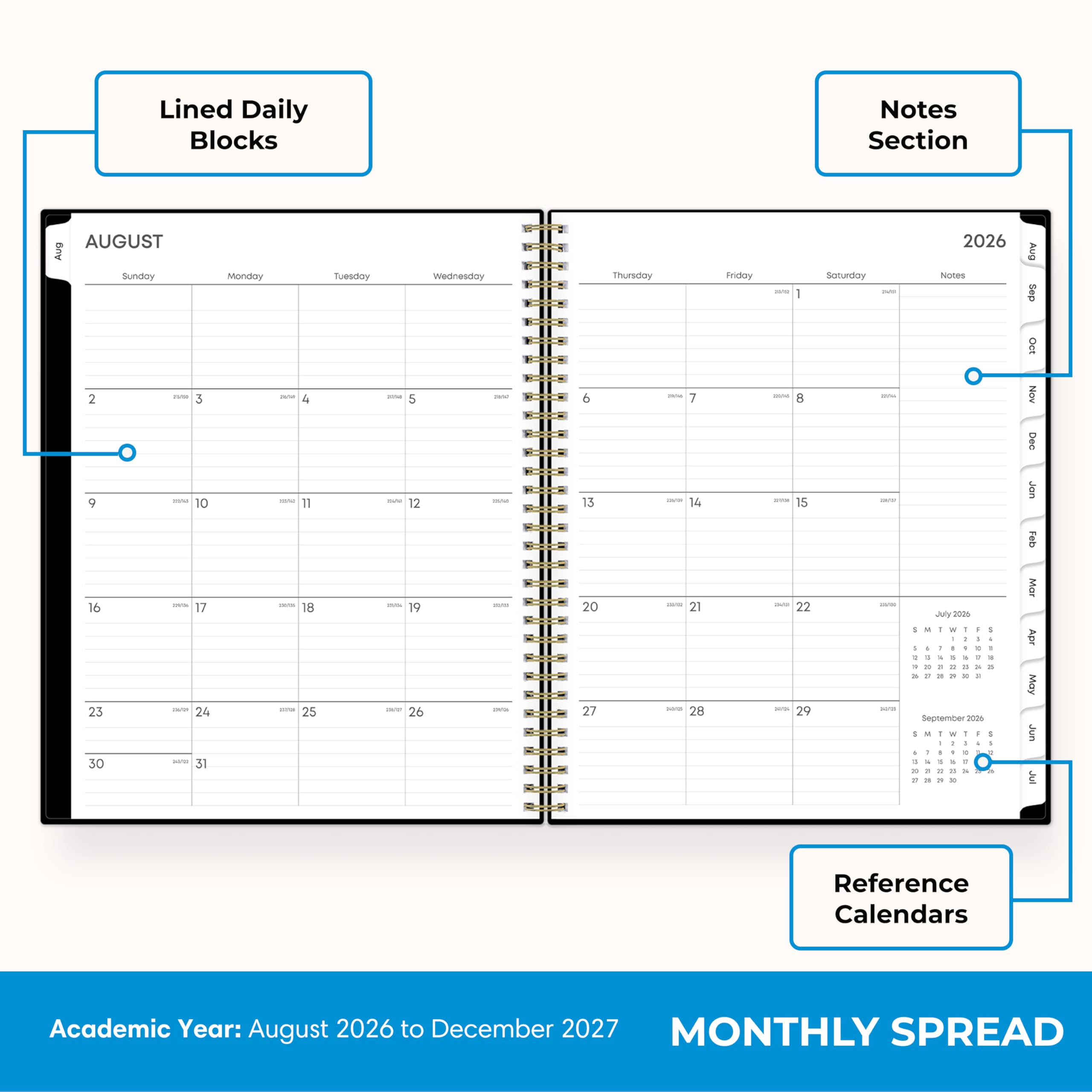 Lined Daily Blocks

Notes Section

AUGUST
Sunday 2 3 4 5 6 7 8 9 10 11 12 13 14 15 16 17 18 19 20 21 22 23 24 25 26 27 28 29 30 31

Monday

Tuesday

Wednesday

Thursday

Friday

Saturday

2026 Notes

July 2026

September 2006

Aug 500 OGE Nov BAC Jan Feb Mar Apr May JUN Jul

Reference Calendars

Academic Year: August 2026 to December 2027

MONTHLY SPREAD
