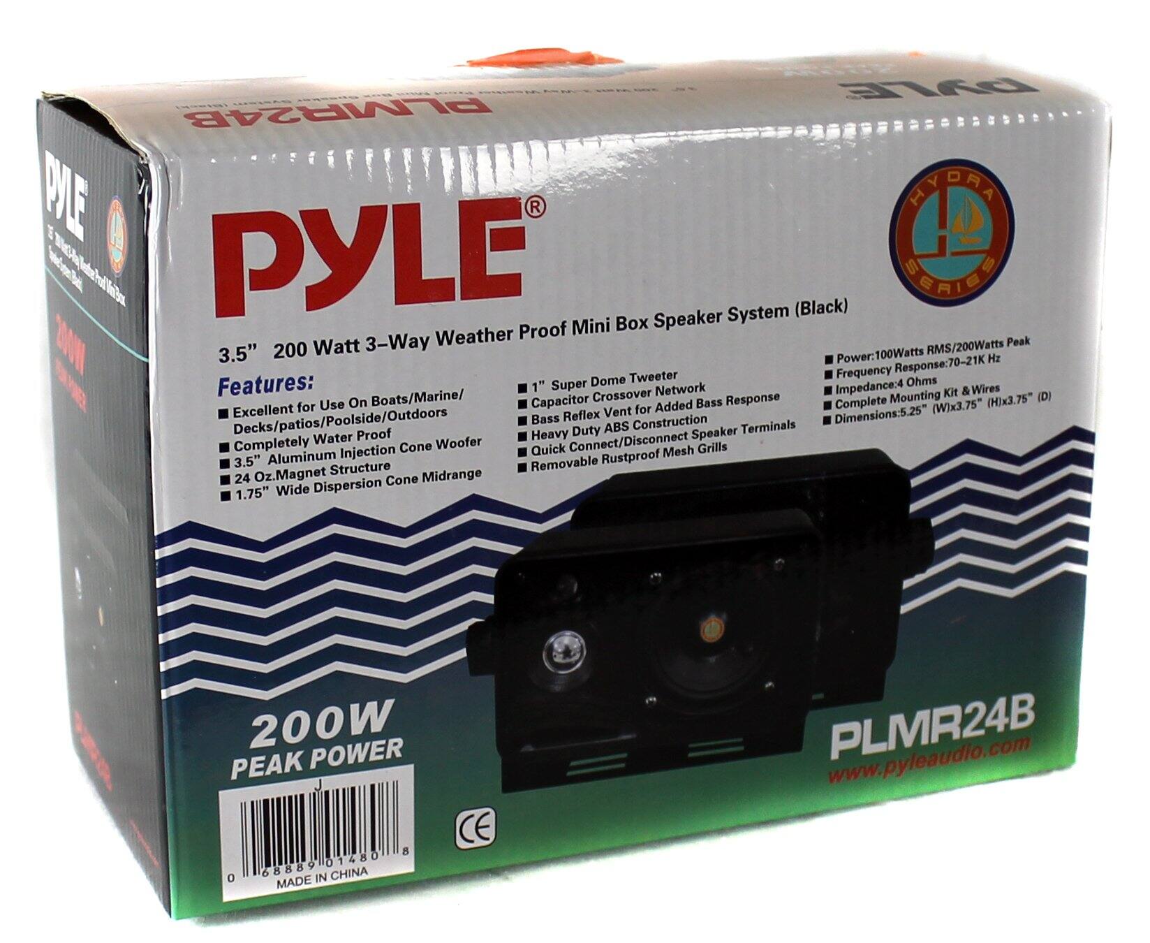 PYLE Mini Box Speaker System (Black)  
3.5" 200 Watt 3-Way Weather Proof  
Features:  
- Excellent for Use On Boats/Marine/Decks/patios/Poolside/Outdoors  
- Completely Water Proof  
- Heavy Duty ABS Construction  
- Quick Connect/Disconnect Speaker Terminals  
- Removable Aluminum Injection Cone Woofer  
- 24 Oz. Magnet Cone Midrange  
- 1" Super Dome Tweeter  
- 1.75" Wide Dispersion Cone Midrange  
- 1" Super Crossover Network  
- Capacitor Added Bass Response  
- Complete Mounting Kit & Wires (D)  
- Rustproof Mesh Grills  

Specifications:  
- Power: 100 Watts RMS/200 Watts Peak  
- Frequency Response: 70-21K Hz  
- Impedance: 4 Ohms  
- Dimensions: 5.25" (W) x 3.75" (H) x 3.75" (D)  

CE B 01480 0 58889  
MADE IN CHINA  
www.pyleaudio.com